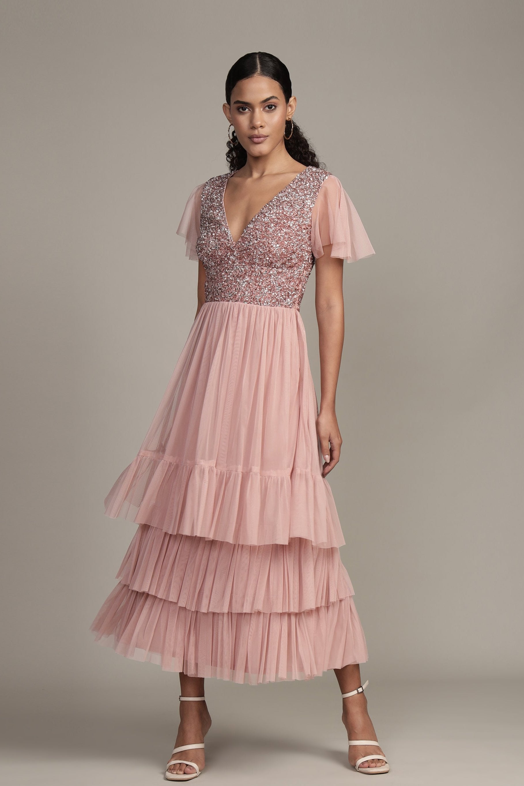 Maddie Embellished Midi Dress in Dusty Pink - Elegant Floral Lace Party Dress for Weddings, Cocktails & Special Occasions