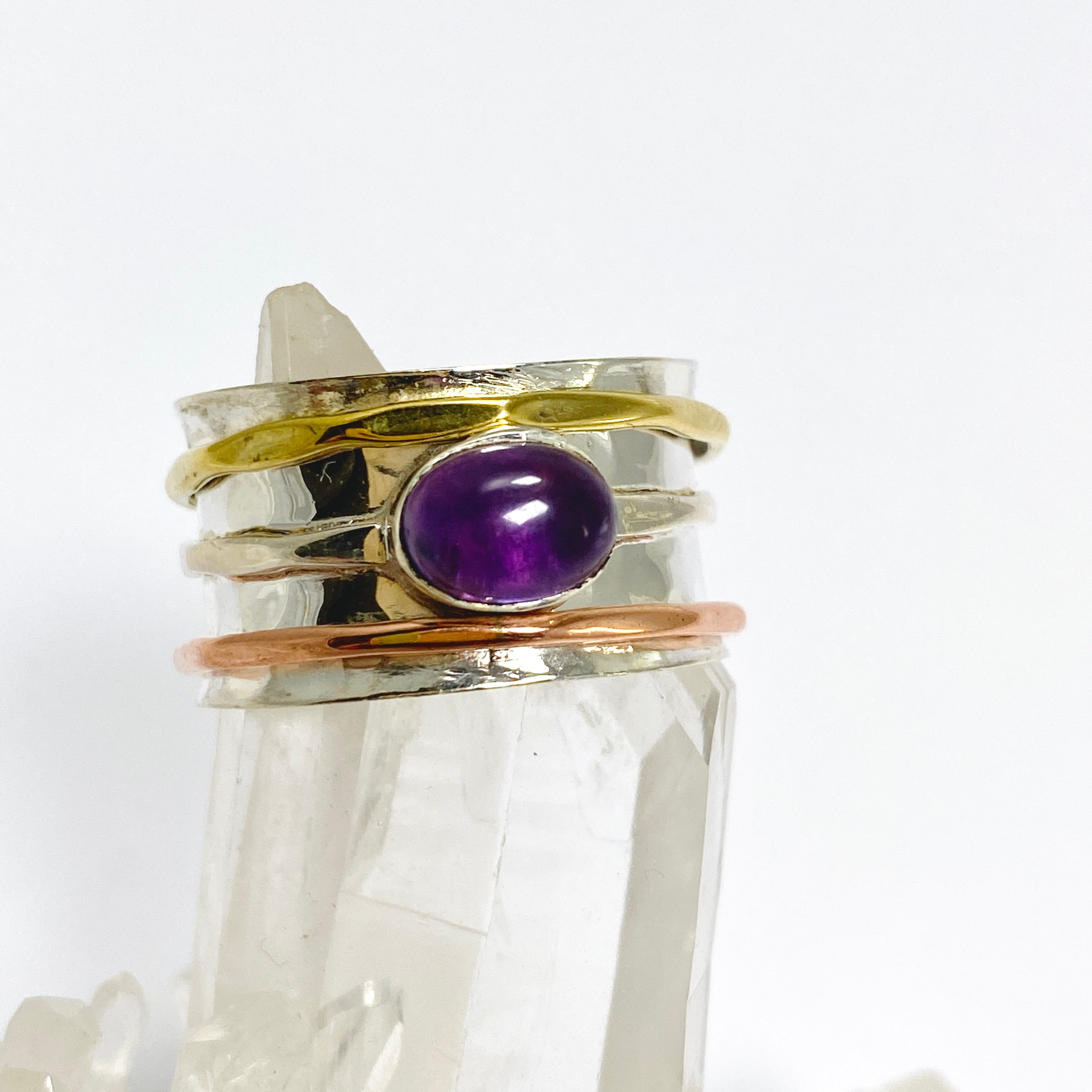 Amethyst Oval Cabochon Spinner Ring R4820 - Elegant Adjustable Healing Jewelry for Stress Relief & Meditation - Perfect for Yoga, Spiritual Gifts & Everyday Wear