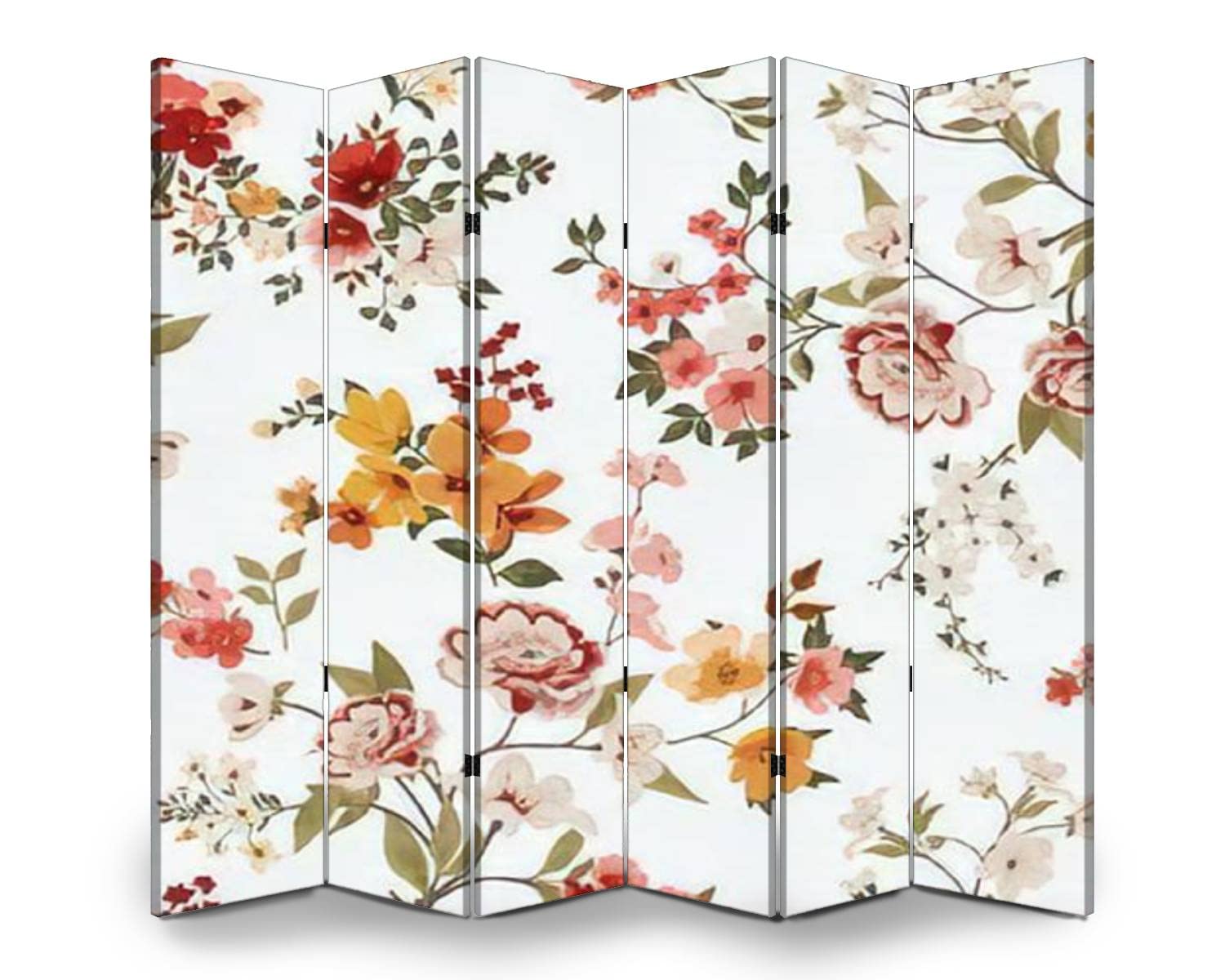 6-Panel Wooden Room Divider with Floral Print - Folding Privacy Screen, Dual-Sided Canvas Partition for Indoor Spaces | Perfect for Home Office, Bedroom Separation & Decorative Display
