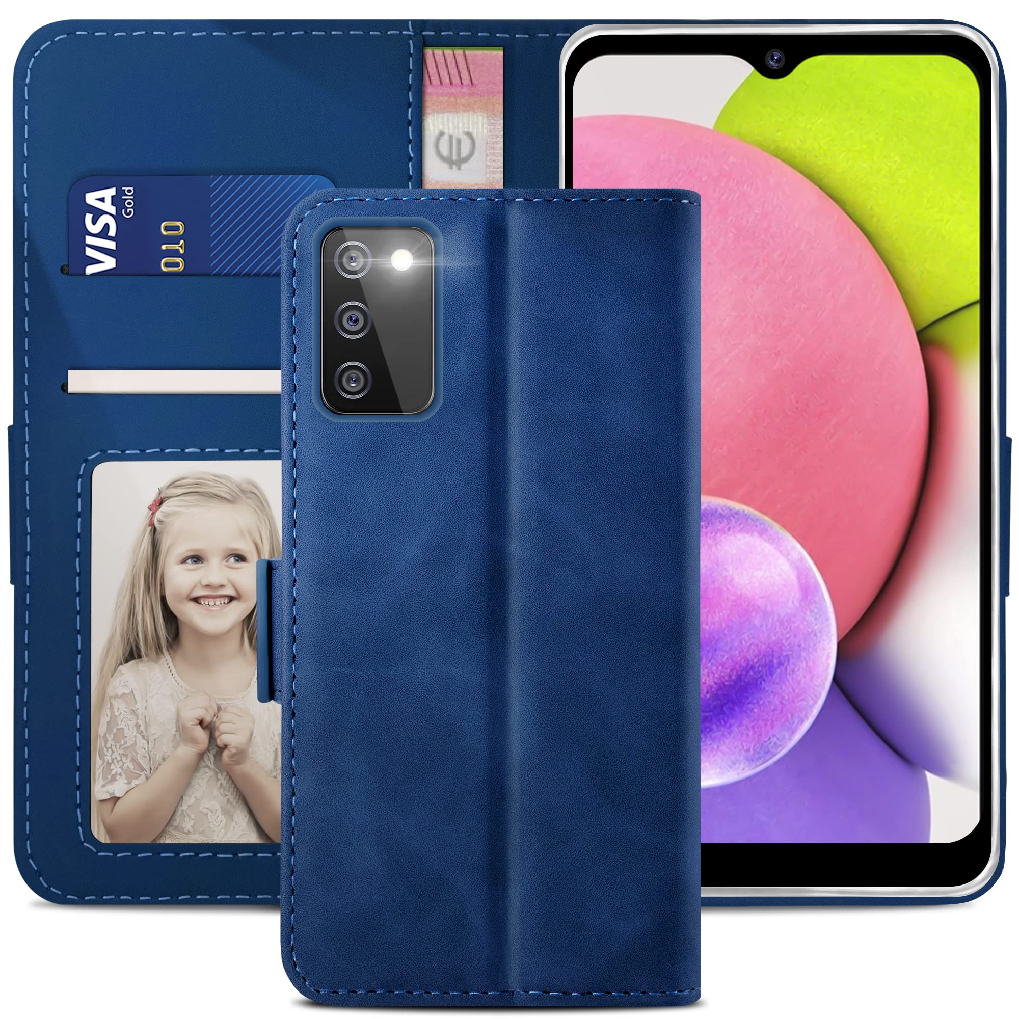 YATWIN Samsung Galaxy A03s Wallet Case - Premium Flip Leather Magnetic Clasp Phone Cover with Credit Card Holder, Shockproof Protection & Kickstand (Blue) - Perfect for Everyday Use, Travel, and Business Professionals