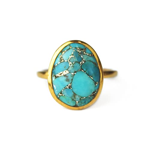 Teardrop Copper Turquoise Ring - Stackable Bezel Set Oval Ring in 18k Vermeil Gold or Sterling Silver | December Birthstone Jewelry with Blue Gemstone | Perfect for Layering, Gift Giving & Everyday Wear