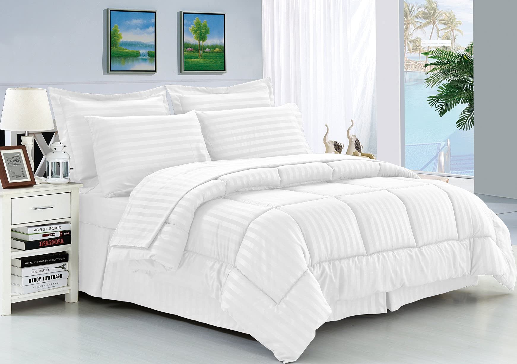 Stripe Comforter Set Oversized Queen 98x98 - 5 Piece Bedding Set with Soft Cotton Down Alternative Comforter & 4 Pillowcases | Breathable All-Season White Stripe Duvet Cover for Master Bedroom, Guest Room & College Dorm