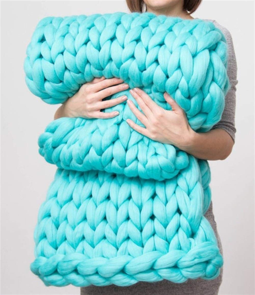 Chunky Knit Merino Wool Throw Blanket - Soft & Cozy 80x80cm Sky Blue Hand-Knitted Blanket for Living Room, Bedroom & Winter Warmth