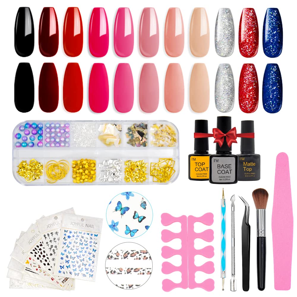 11 Colors Gel Nail Polish Kit with Base & Top Coat - Matte & Glossy Finish, Nail Art Stickers, Rhinestones & Manicure Tools | DIY Salon-Quality Nails at Home for Women & Teens | Perfect for Parties, Weddings & Special Occasions