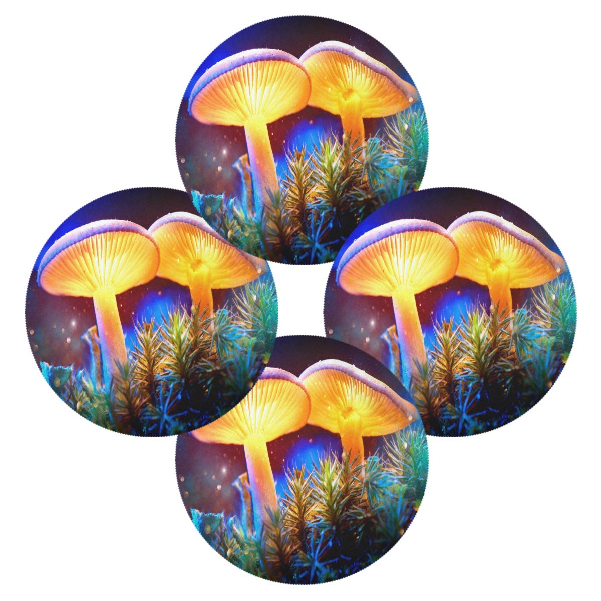 Glowing Mushroom Placemats Set of 4 - 15.4 Inch Fantasy Night Light Dining Table Mats for Christmas Halloween Home Decor - Waterproof Coasters for Party Dinner Kitchen Decorations