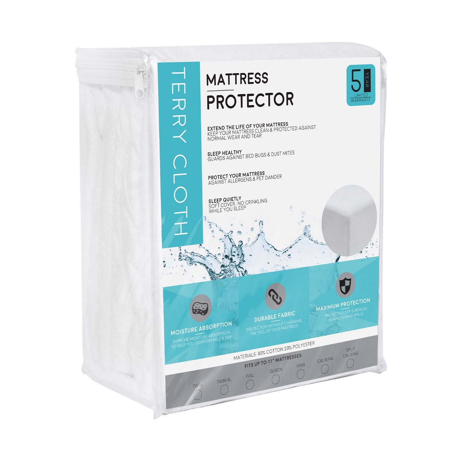 Fitted Cotton Terry Mattress Protector - 100% Waterproof, Hypoallergenic & Breathable - Queen Size Bed Cover for Allergy Protection & Night Sweats