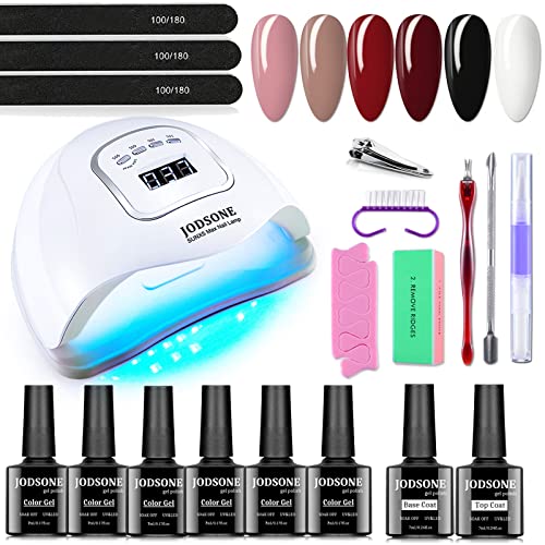 JODSONE 8 Pcs Gel Nail Polish Kit with UV LED Lamp - Long Lasting Base Coat & No Wipe Top Coat - DIY Manicure Set for Home Salon & Professional Nail Art - Perfect Gift for Nail Lovers & Beginners