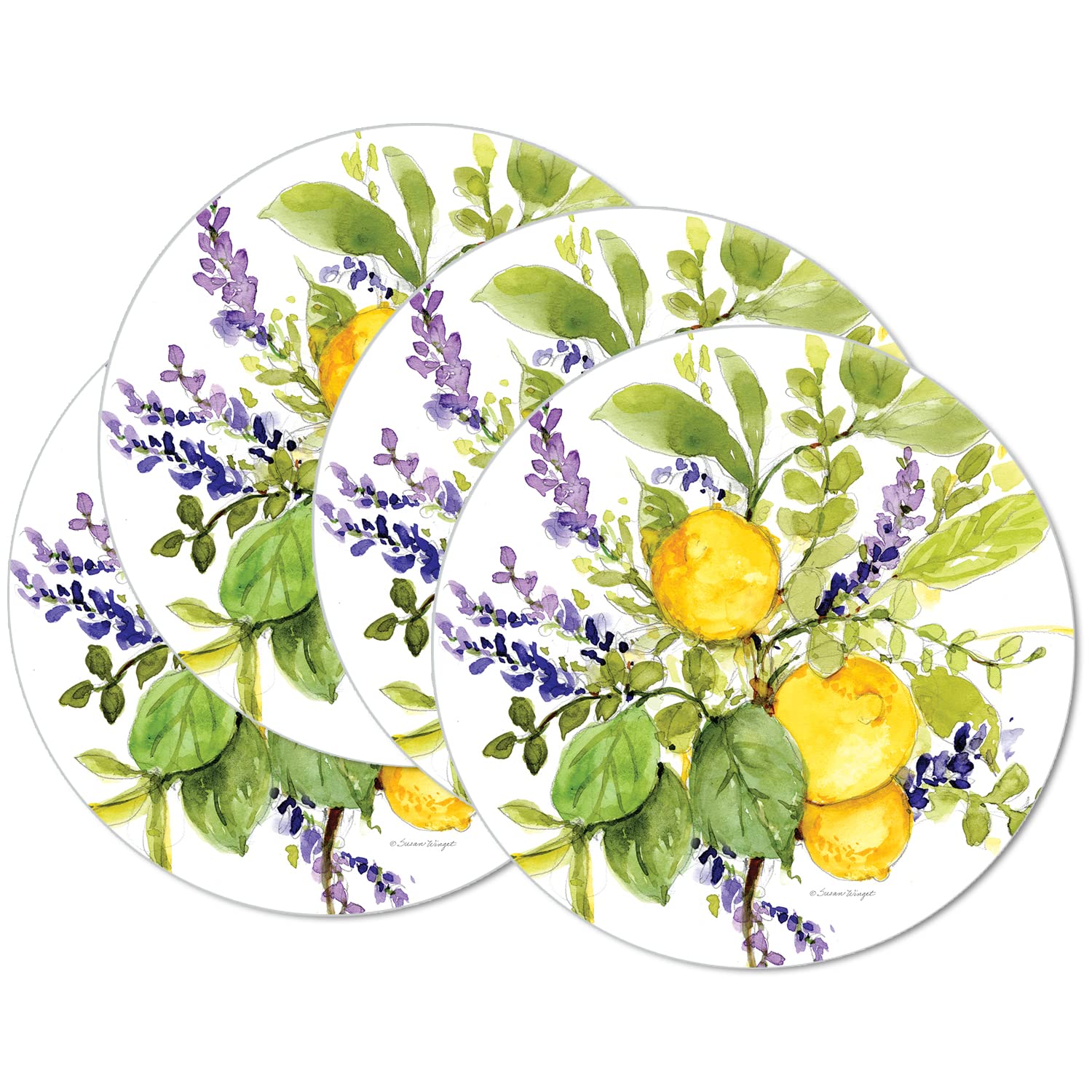CounterArt Watercolor Lemons 4-Pack Round Reversible Placemats - Flexible Plastic, Easy Care, Made in USA - Perfect for Dining Tables, Kitchen Countertops & Outdoor Entertaining
