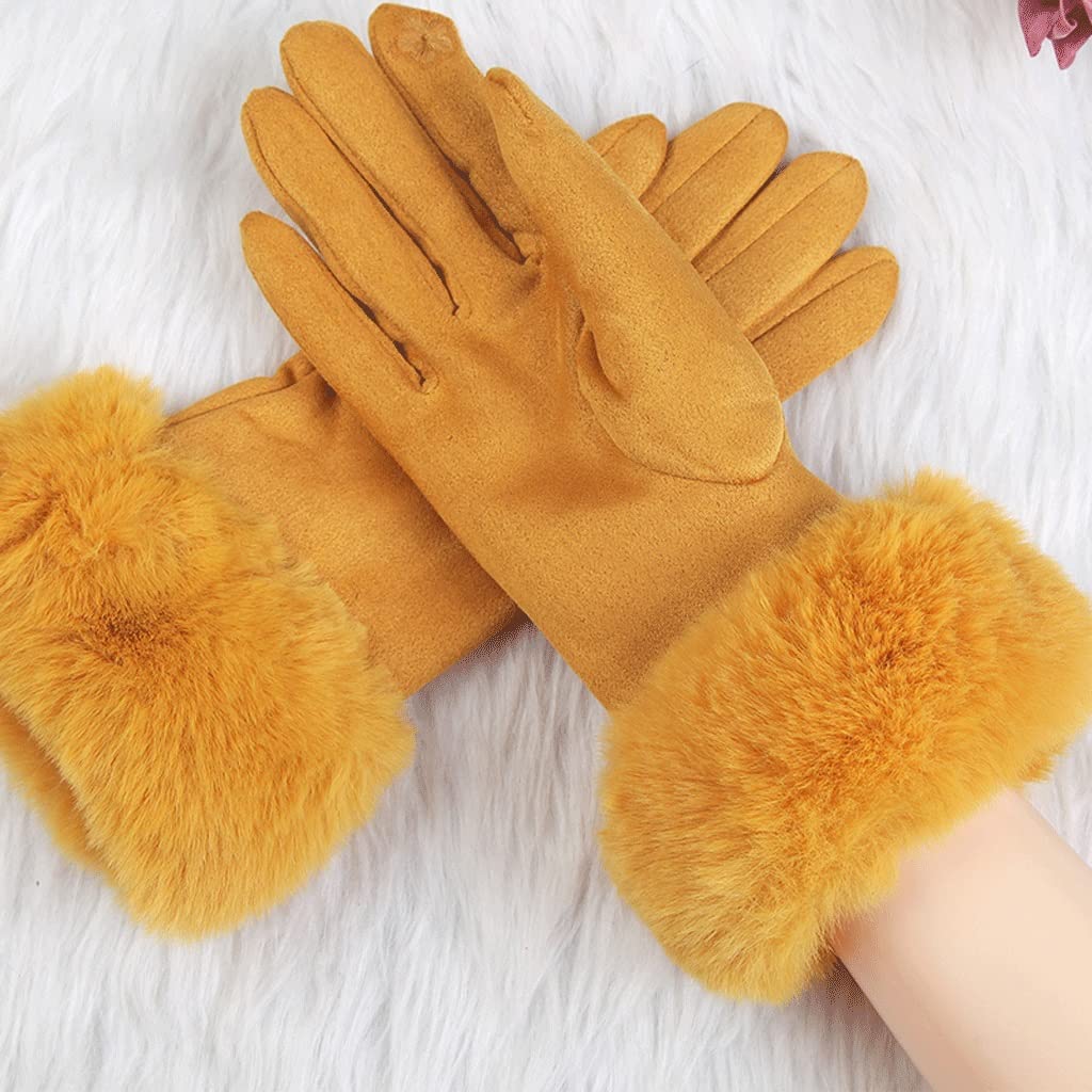 Winter Touch Screen Gloves for Women - Soft Faux Rabbit Fur with Velvet Lining, Warm Thick Driving Gloves (Yellow, One Size) - Perfect for Cold Weather Commuting, Outdoor Activities & Smartphone Use