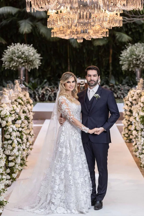 Elegant Ball Gown Lace Wedding Dress with Detachable Long Sleeves Bolero - TN358 | Perfect for Bridal Ceremony, Formal Events & Vintage-Themed Weddings