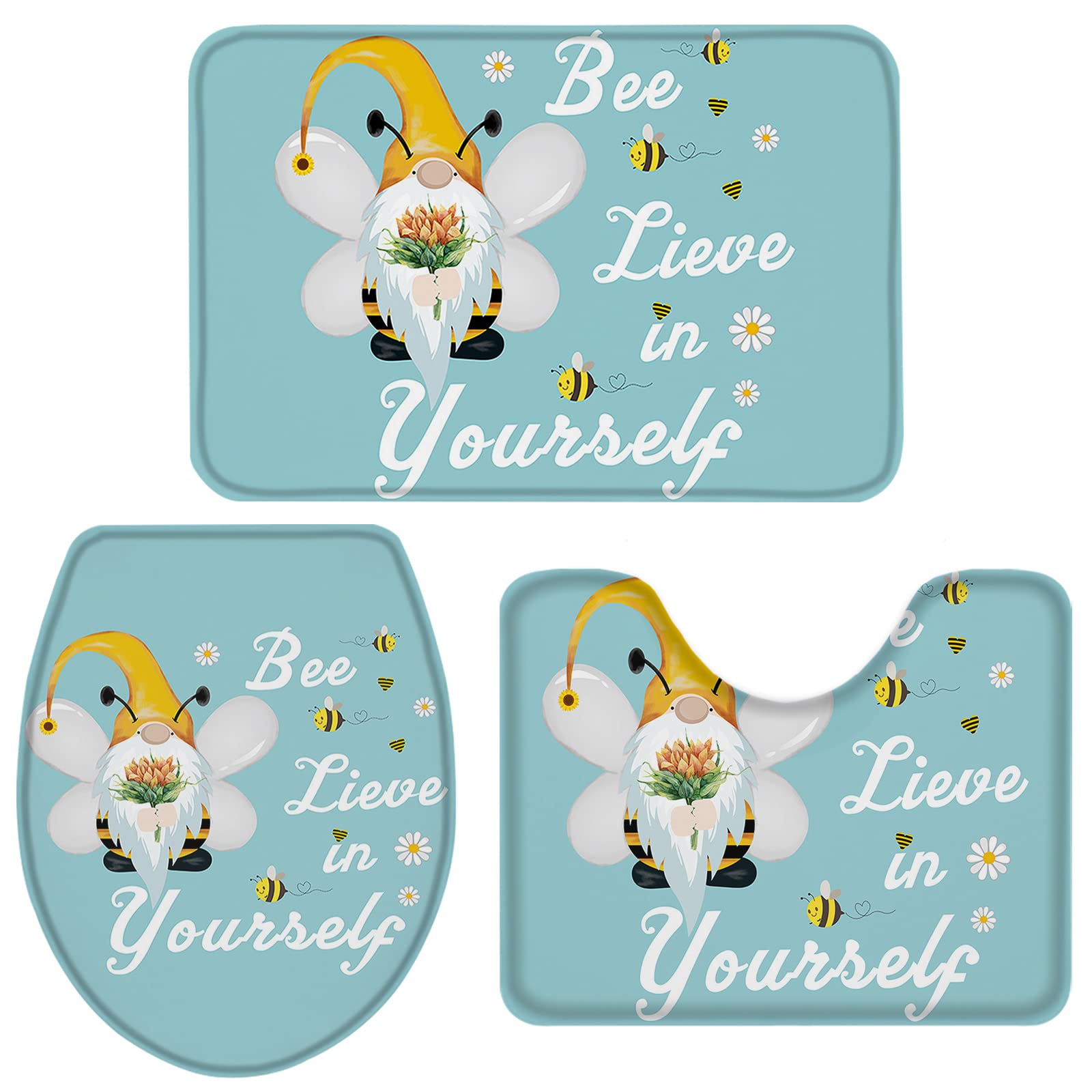 Red Vow Luxury Memory Foam Bathroom Rugs Set - 3 Piece Non-Slip Absorbent Bath Mat, Toilet Lid Cover & Contour Mat - Soft Cushioned for Safety - Bee & Sunflower Gnome Design in Teal Green - Perfect for Bathrooms, Powder Rooms & Guest Suites