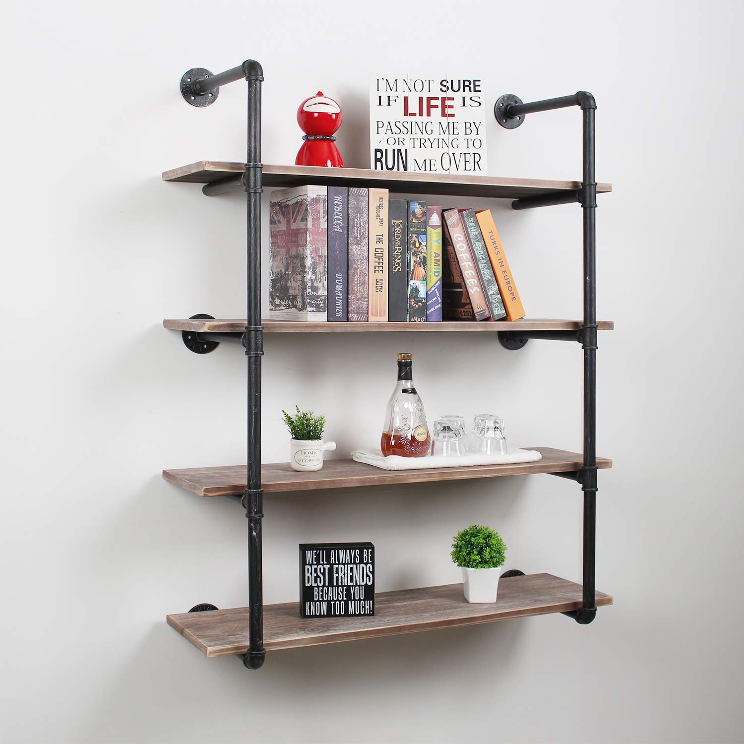 Industrial Pipe Floating Shelves - 4 Tier Wall Mount Bookshelf, 48 Inch Rustic Wall Shelves for Home & Office - DIY Storage Shelving Unit with Black Brushed Silver Finish | Perfect for Living Room Decor, Bedroom Organization & Kitchen Storage