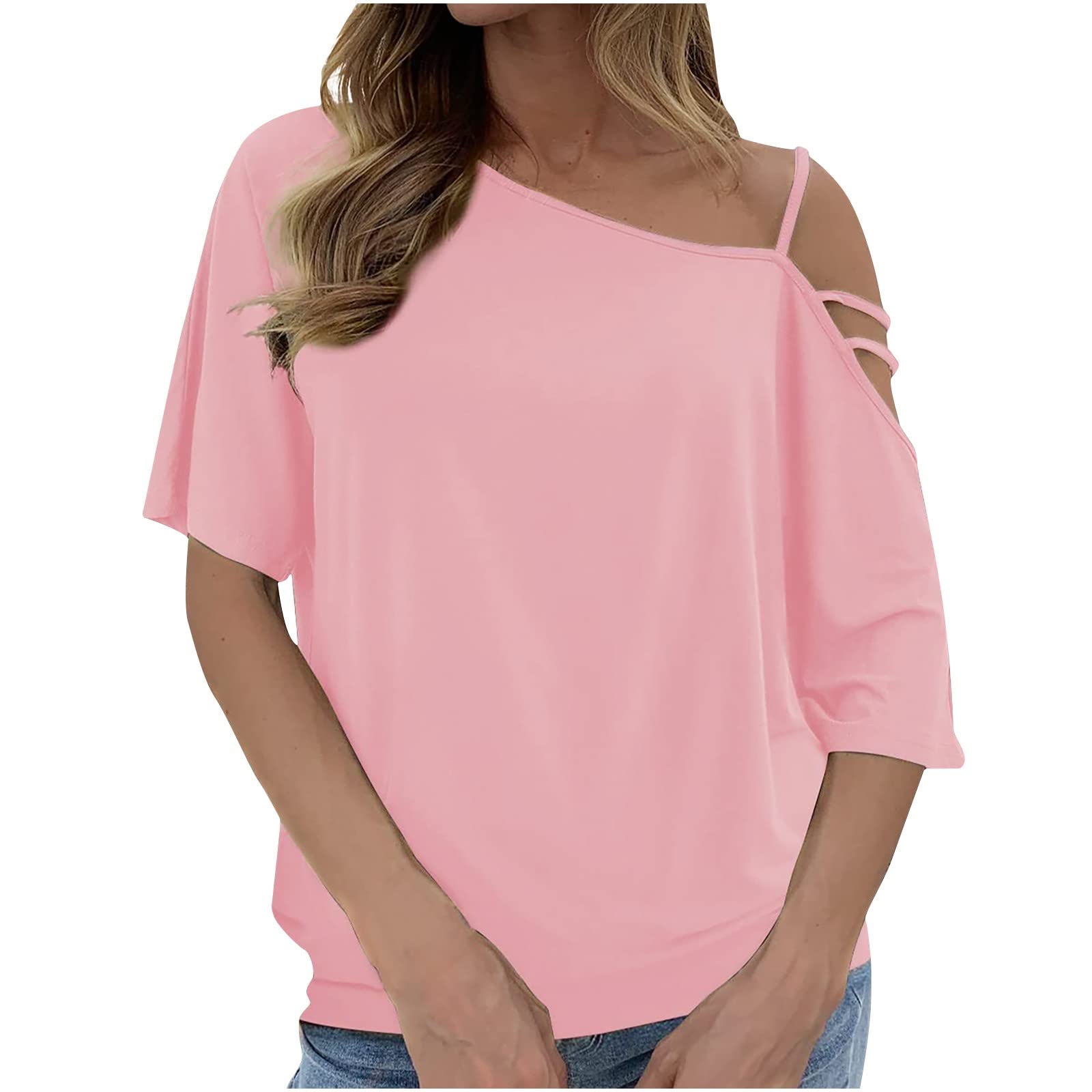 Women's Casual Solid Color Half Sleeve Sloping Shoulder T-Shirt - Comfortable Everyday Wear for Work, Outings & Relaxation