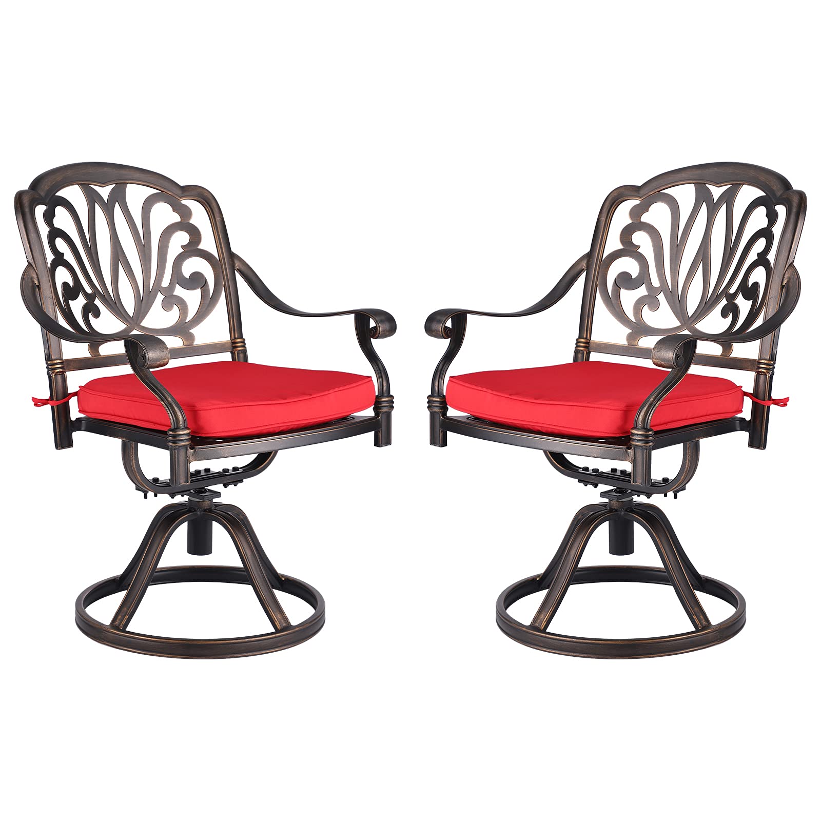 TITIMO 2-Piece Outdoor Patio Dining Chair Set - Cast Aluminum Bistro Swivel Rocker Chairs with Cushions for Garden, Deck, Poolside - Antique Bronze & Khaki (Red) - Perfect for Backyard, Balcony, and Outdoor Entertaining