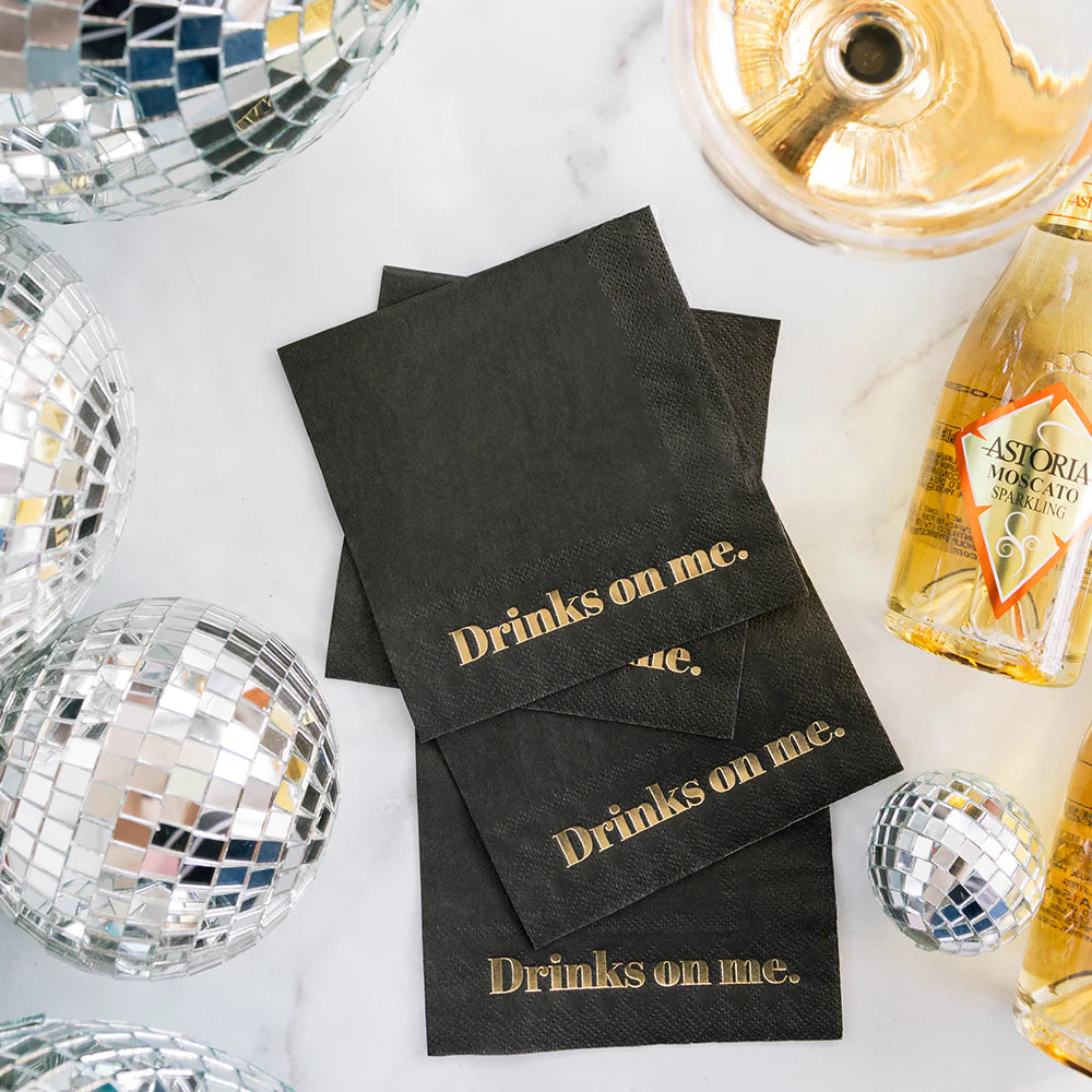 Drinks on Me Cocktail Napkins - Premium 5x5 Inch Bar Napkins for Parties, Weddings & Events - Funny Drink Themed Paper Napkins for Cocktail Hours & Social Gatherings