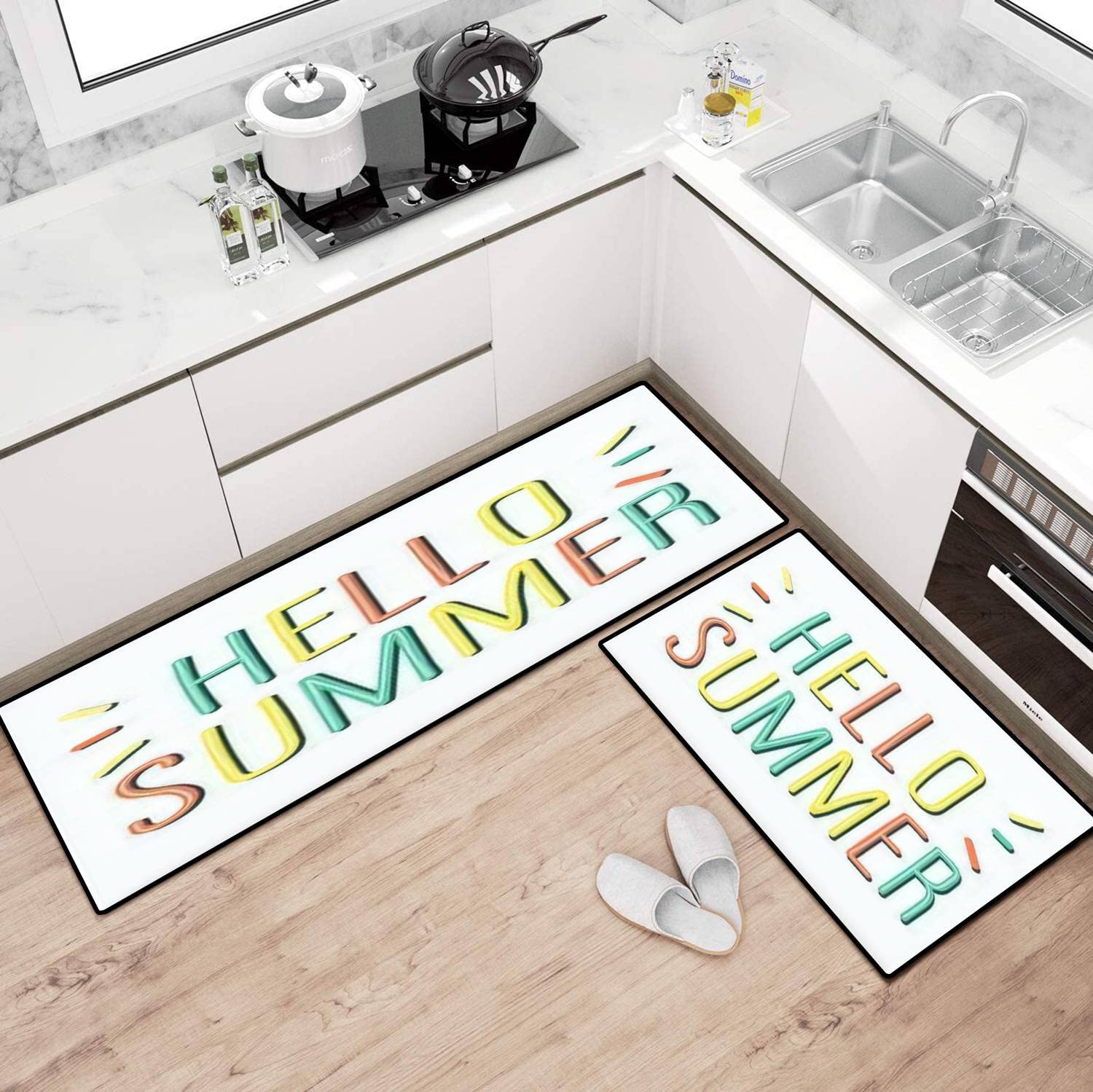 Trendy Non-Slip Kitchen Rugs Set with Handwritten 'Hello Summer' Design - Washable Floor Mats for Kitchen, Bathroom & Entryway - Comfort Standing Mats for Home Decor