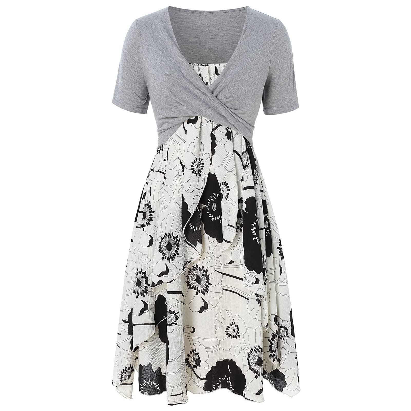 Handyulong Women's Summer Two-Piece Outfit - Fashion Bowknot Bandage Top with Sunflower Print Cocktail Midi Dress | Beach Vacation, Garden Party & Date Night Outfits