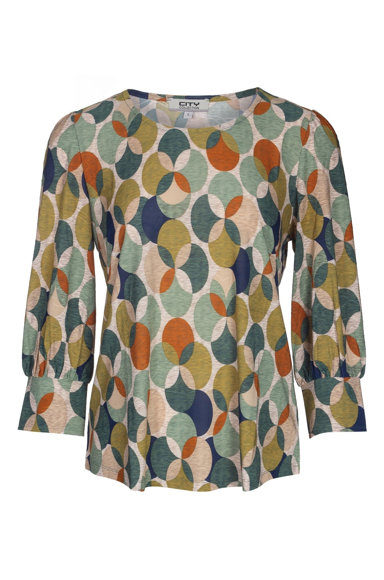 Printed Slinky Top for Women - Olive Navy Circle Pattern Stretchy T-Shirt 7401B1 | Casual Wear, Night Out, Layering Outfits