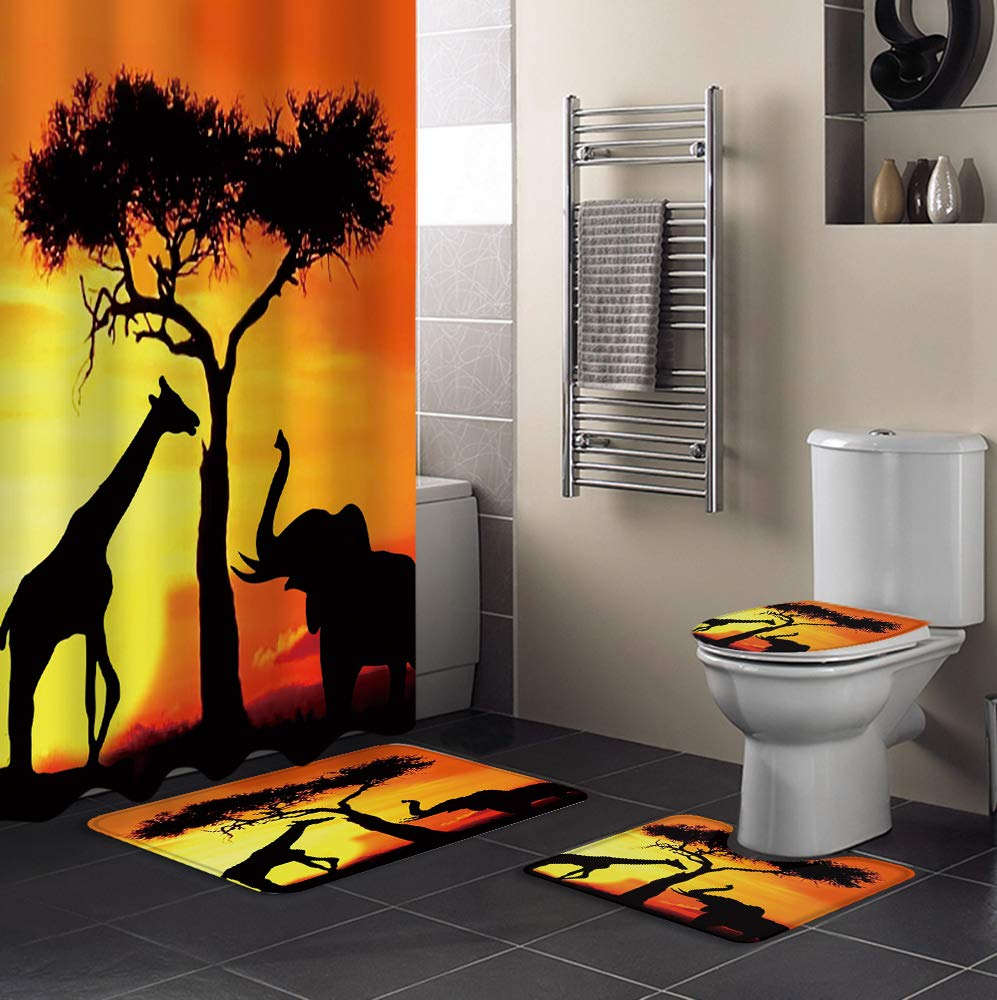 MUSEDAY 4-Piece Shower Curtain Set - Waterproof African Animals Design with Non-Slip Bath Mat, Toilet Lid Cover & 12 Hooks | Giraffe & Elephant Sunset Theme | Perfect for Kids' Bathroom, Nursery, or Jungle-Themed Decor
