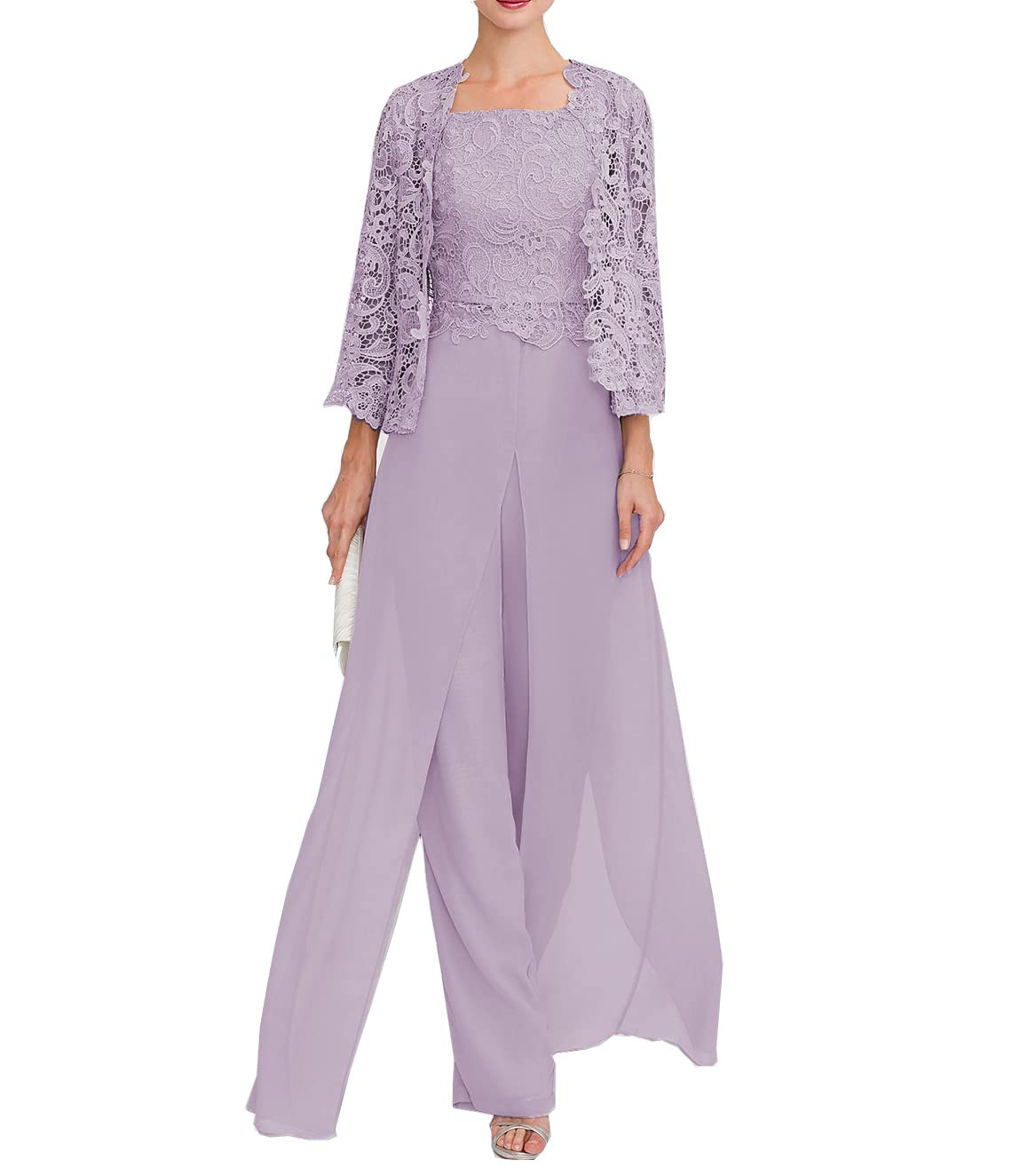 Elegant Mother of The Bride Pant Suit Set - 3-Piece Formal Jumpsuit with 3/4 Sleeves & Square Neckline | Semi-Formal Wedding Outfit in Wisteria Purple | Perfect for Weddings, Receptions & Special Occasions