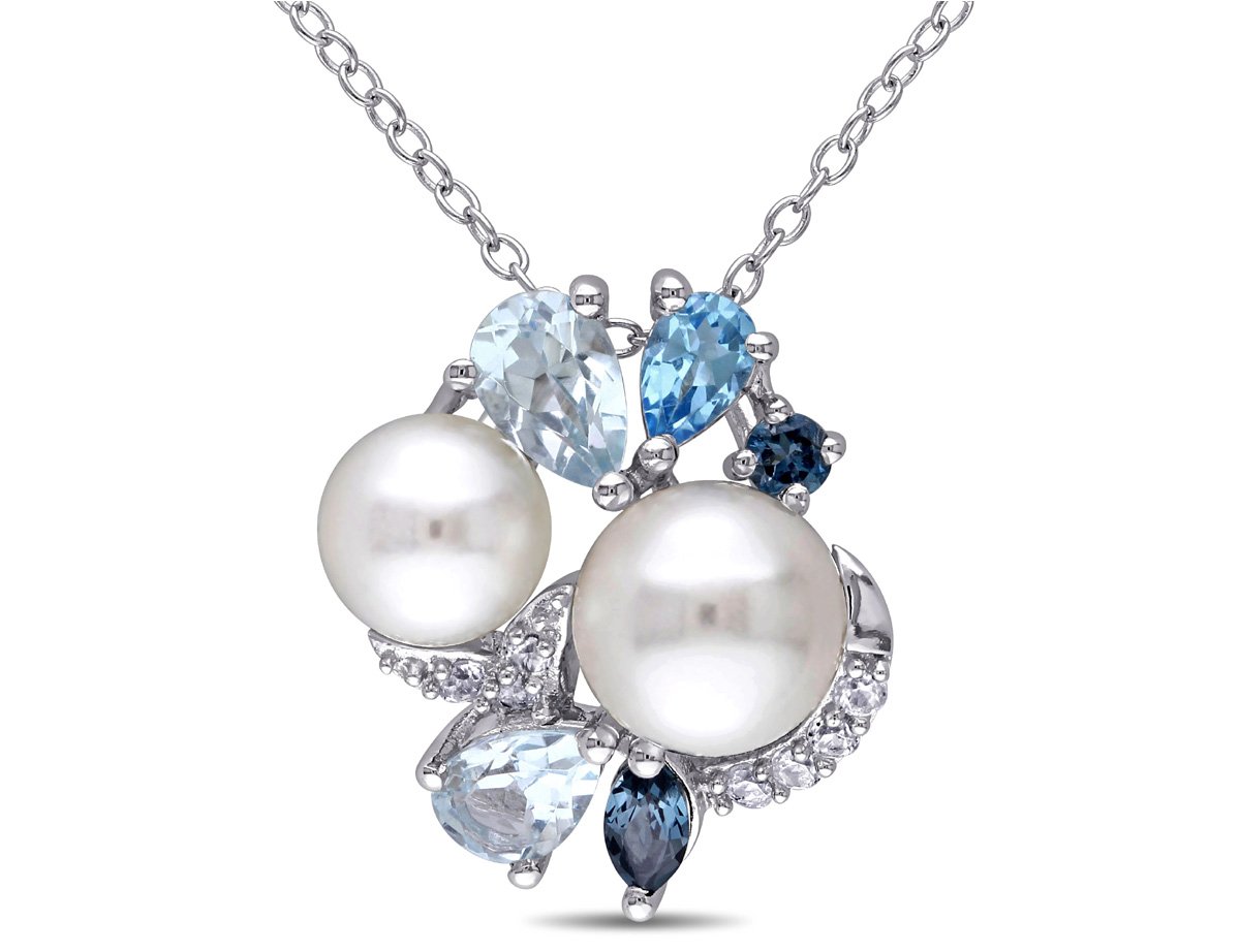 Elegant Sterling Silver Pendant Necklace with Freshwater Cultured Pearls, London Blue Topaz, Swiss Blue Topaz & White Sapphire - Perfect for Weddings, Parties & Special Occasions