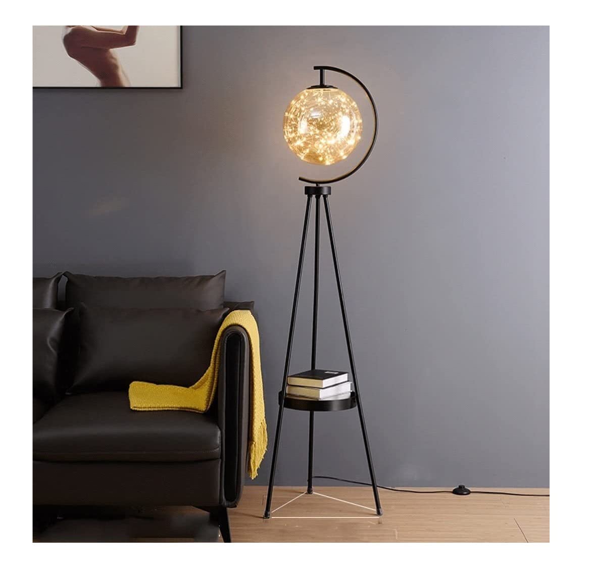 Modern Black Tripod Floor Lamp with Shelves & Glass Lampshade - LED Standing Light for Office, Living Room, Bedroom - Perfect for Reading, Working, and Relaxing