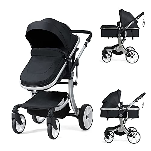 HONEY JOY Baby Stroller - Convertible Infant Bassinet Stroller with Adjustable Canopy & Backrest, Large Storage Basket, Foot Cover | Foldable Newborn Carriage Pram for Travel, Shopping & Outdoor Walks (Black)