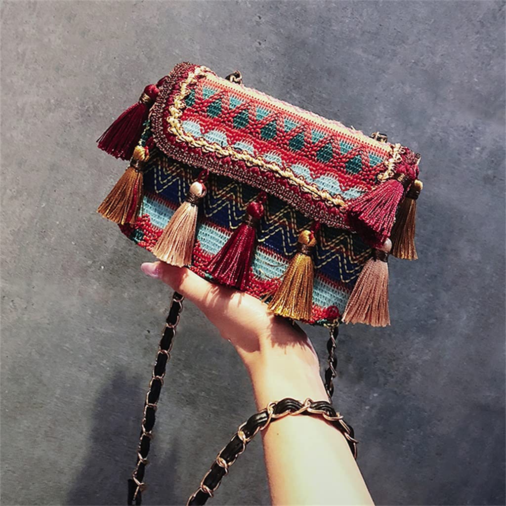 WYBFZTT-188 Women's Ethnic Style Tassel Woven Shoulder Bag - Casual Chain Messenger Purse, Small Square Crossbody Bag (One Size) - Perfect for Daily Use, Shopping & Travel Accessories