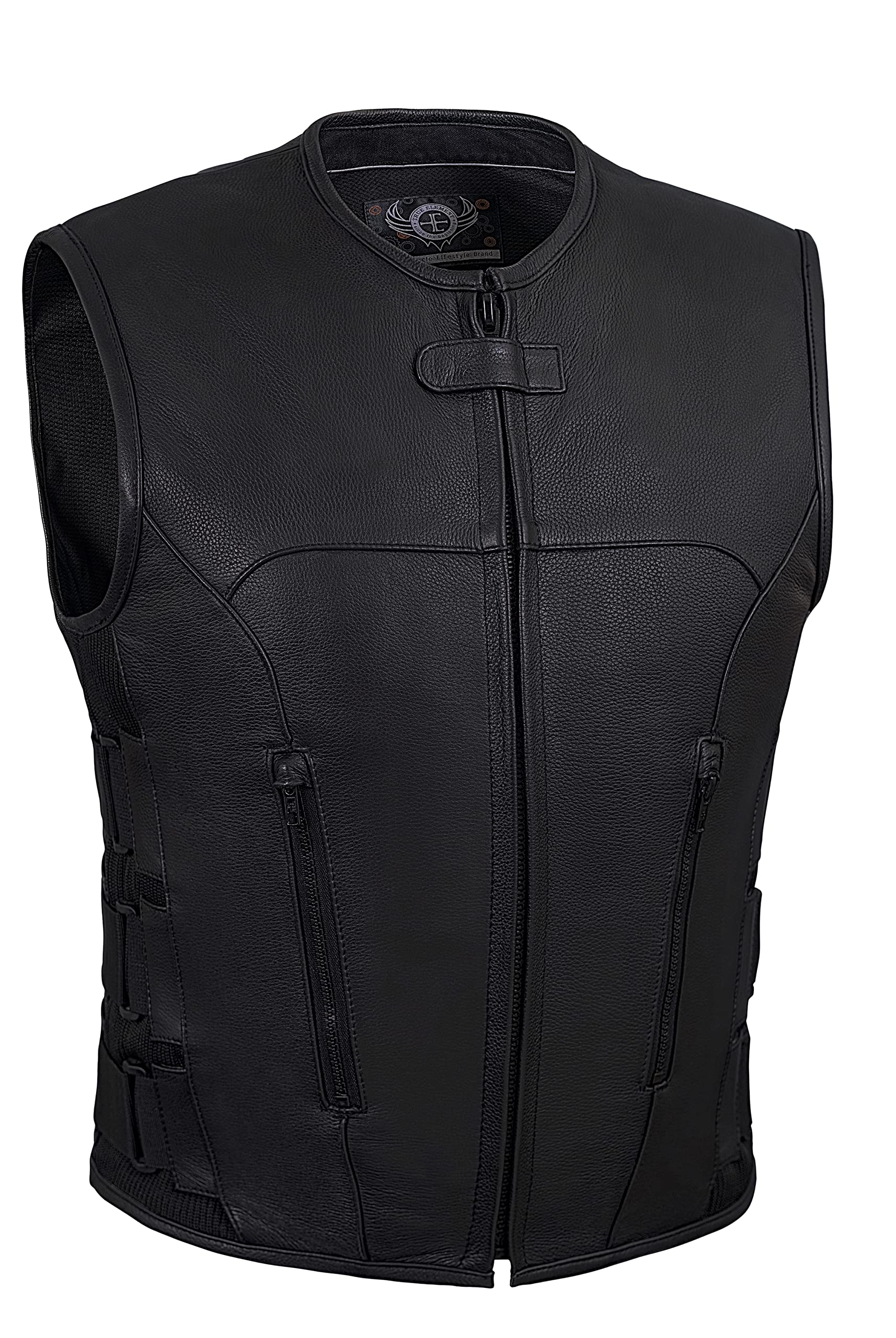 True Element Men's SWAT Style Leather Motorcycle Vest with Gun Pockets & Adjustable Side Straps - Black (Sizes S-5XL, Tall) for Riding, Tactical Training & Outdoor Adventures