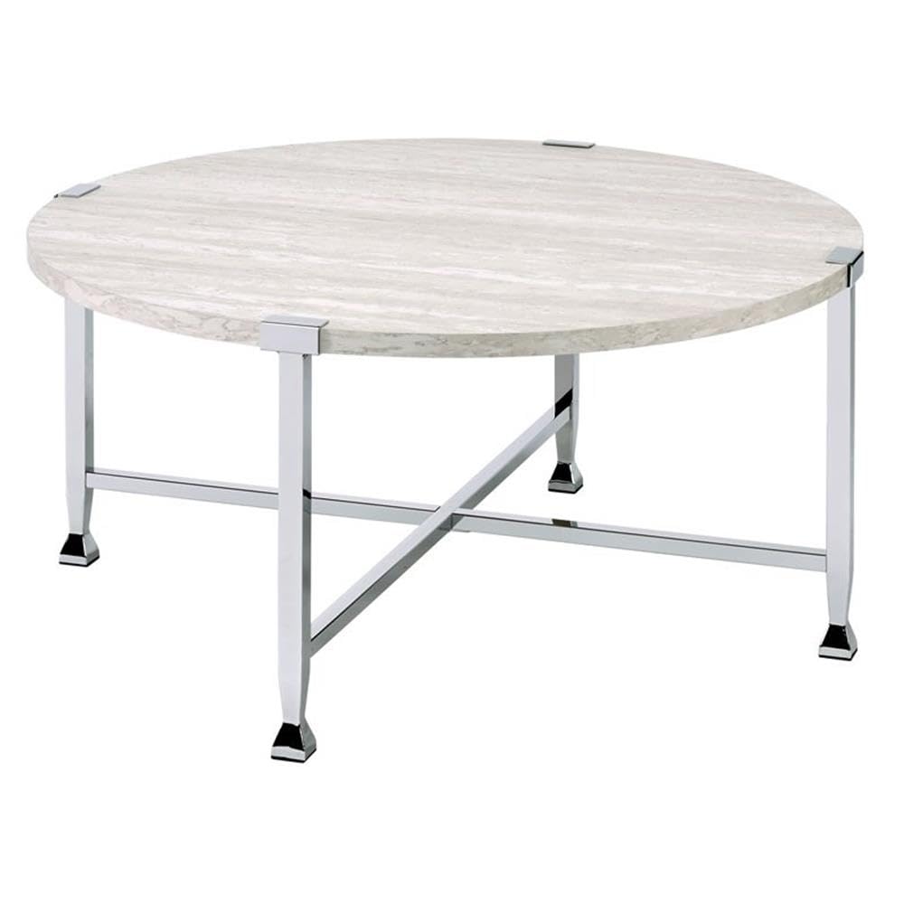 Acme Brecon Round Wooden Coffee Table - White Oak & Chrome Finish - Perfect for Living Room, Lounge & Modern Home Decor