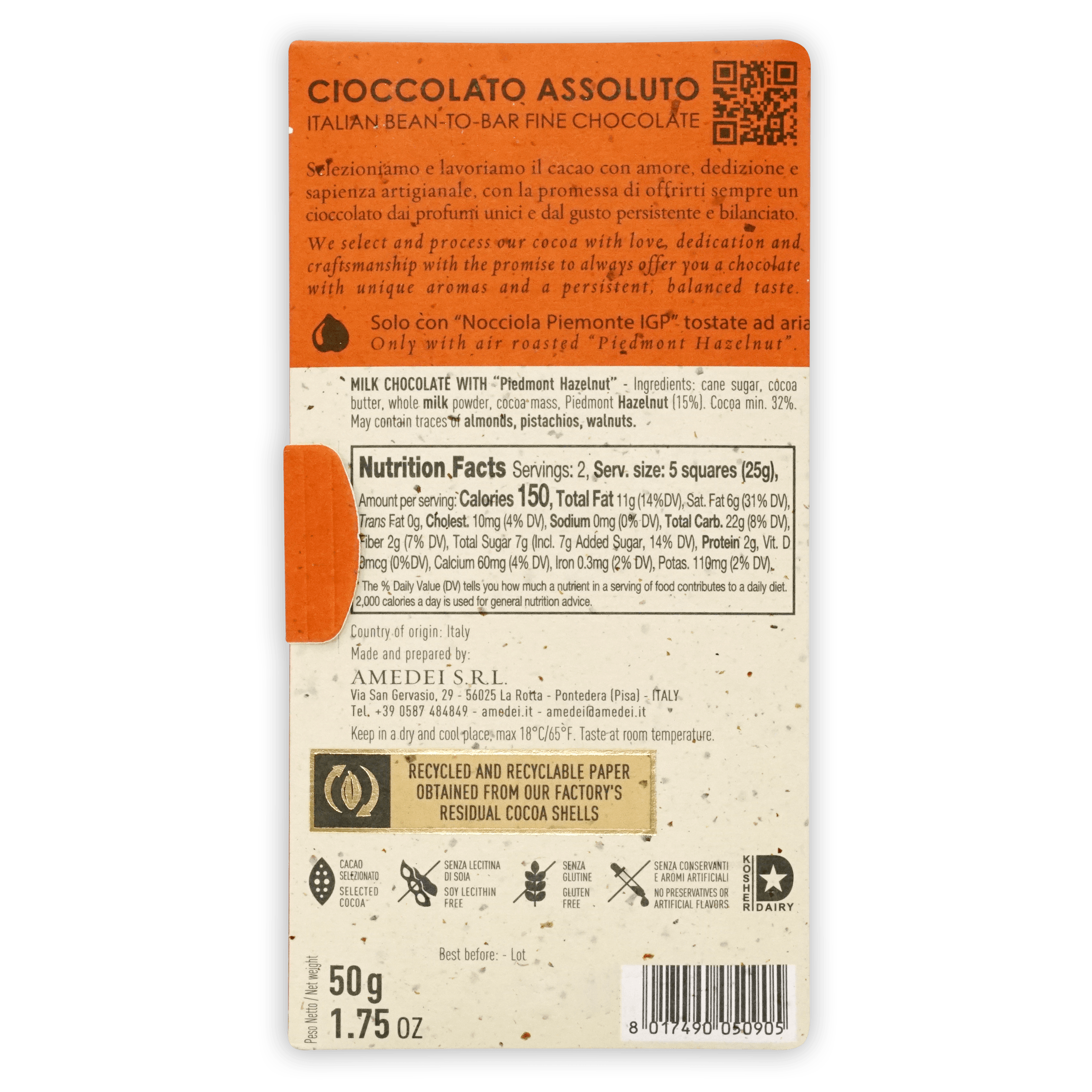 Amedei Nocciole Milk Chocolate with Hazelnuts - Premium Italian Chocolate Bar for Gifts, Desserts & Snacking
