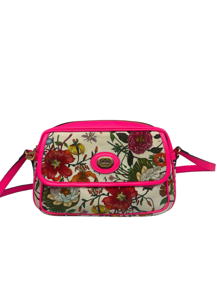 Gucci Flora Floral Print Shoulder Bag in White & Fuchsia - Elegant Crossbody Purse for Women, Perfect for Parties, Weddings & Daily Use