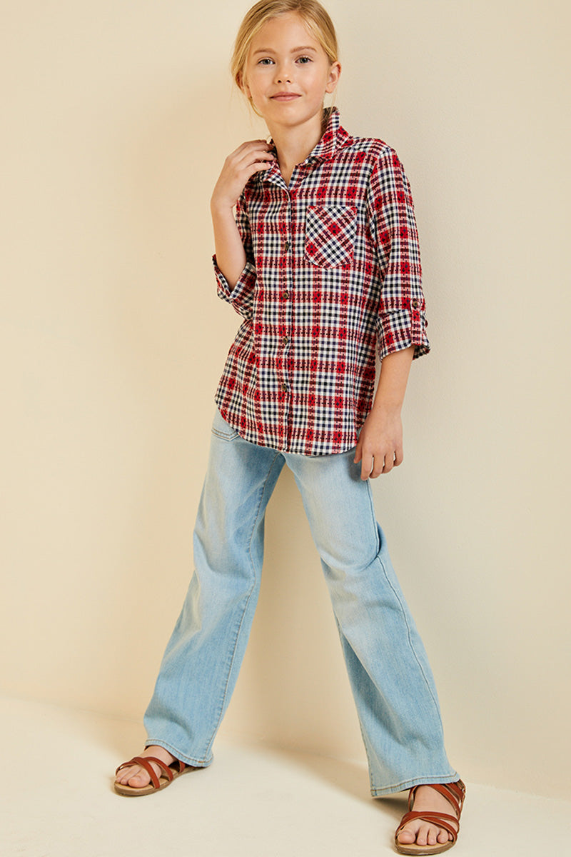 Stylish Embroidered Plaid Button-Down Shirt for Women | Casual & Office Wear | Perfect for Fall & Winter Outfits