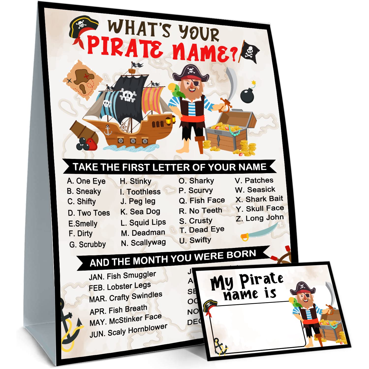 Pirate Name Game Set with Sign & 30 Cards - Fun Pirate Birthday Party Decorations for Boys - Perfect for Pirate Themed Parties, Treasure Hunts & Holiday Activities
