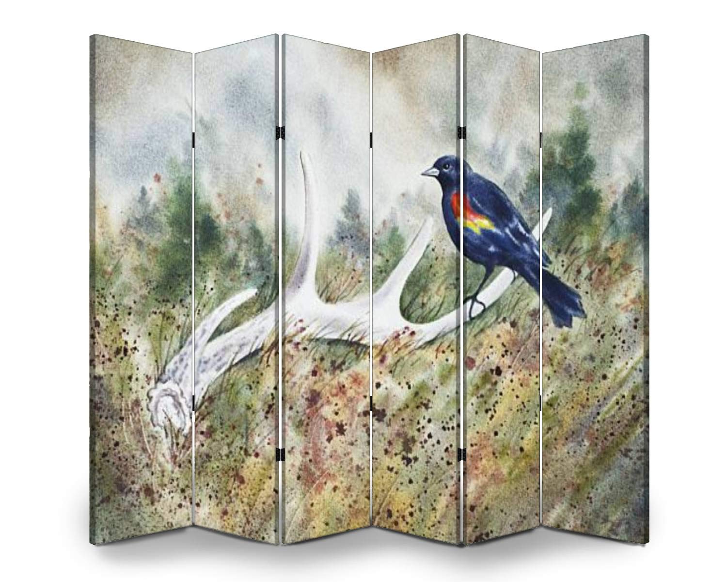 APED DECOR 6-Panel Wooden Room Divider with Red Winged Blackbird & Deer Antler Design - Folding Privacy Screen, Dual-Sided Canvas Partition for Home Office, Bedroom, and Indoor Decor