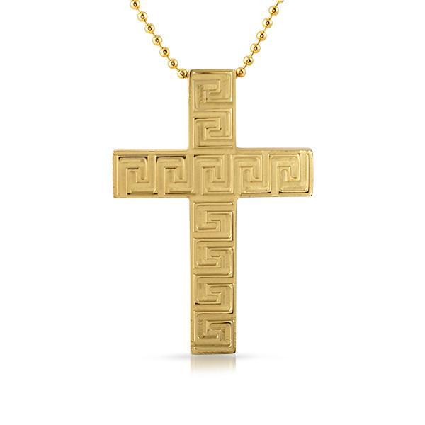 Gold Greek Key Thick Block Cross Pendant Necklace - Elegant Religious Jewelry for Women - Perfect for Church, Weddings & Special Occasions