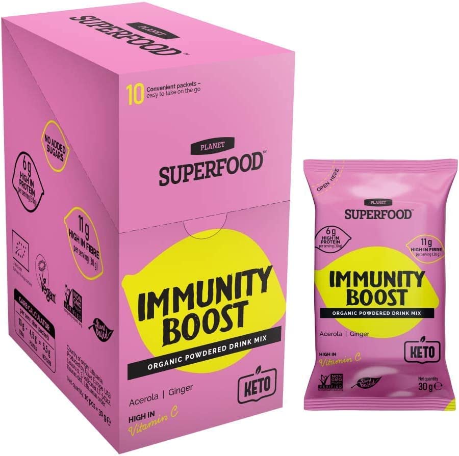 Organic Vegan Protein Powder with Vitamin C - Planet Superfood Immunity Boost for Immune Health Support | Plant-Based Drink Mix Powder to Help Defense Against Sickness | 10 Pack for Daily Wellness & Post-Workout Recovery
