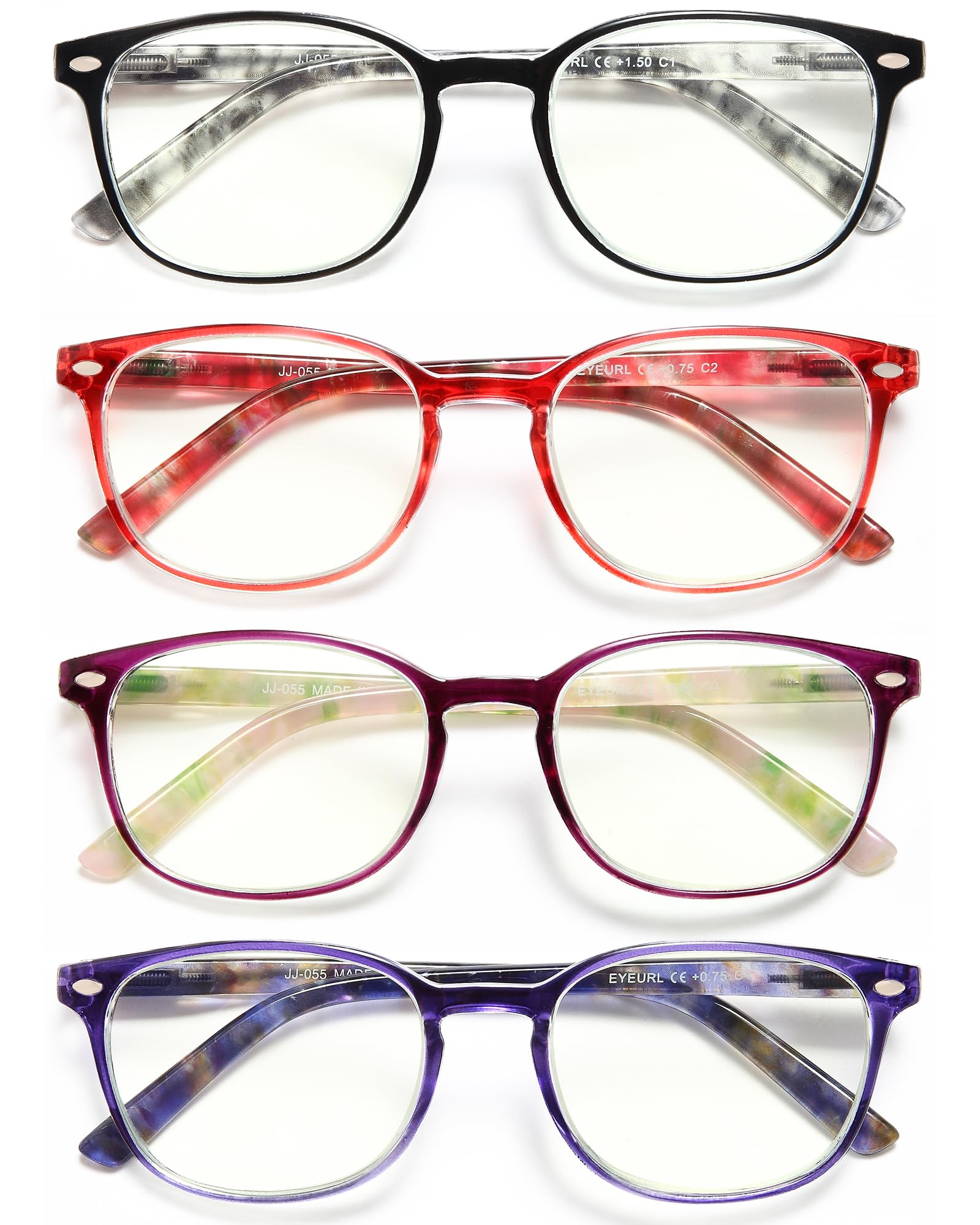Blue Light Blocking Reading Glasses for Women - 4-Pack Spring Hinge Computer Glasses with Anti-UV Protection +1.50 Strength - Perfect for Office Work, Screen Time & Digital Eye Strain Relief