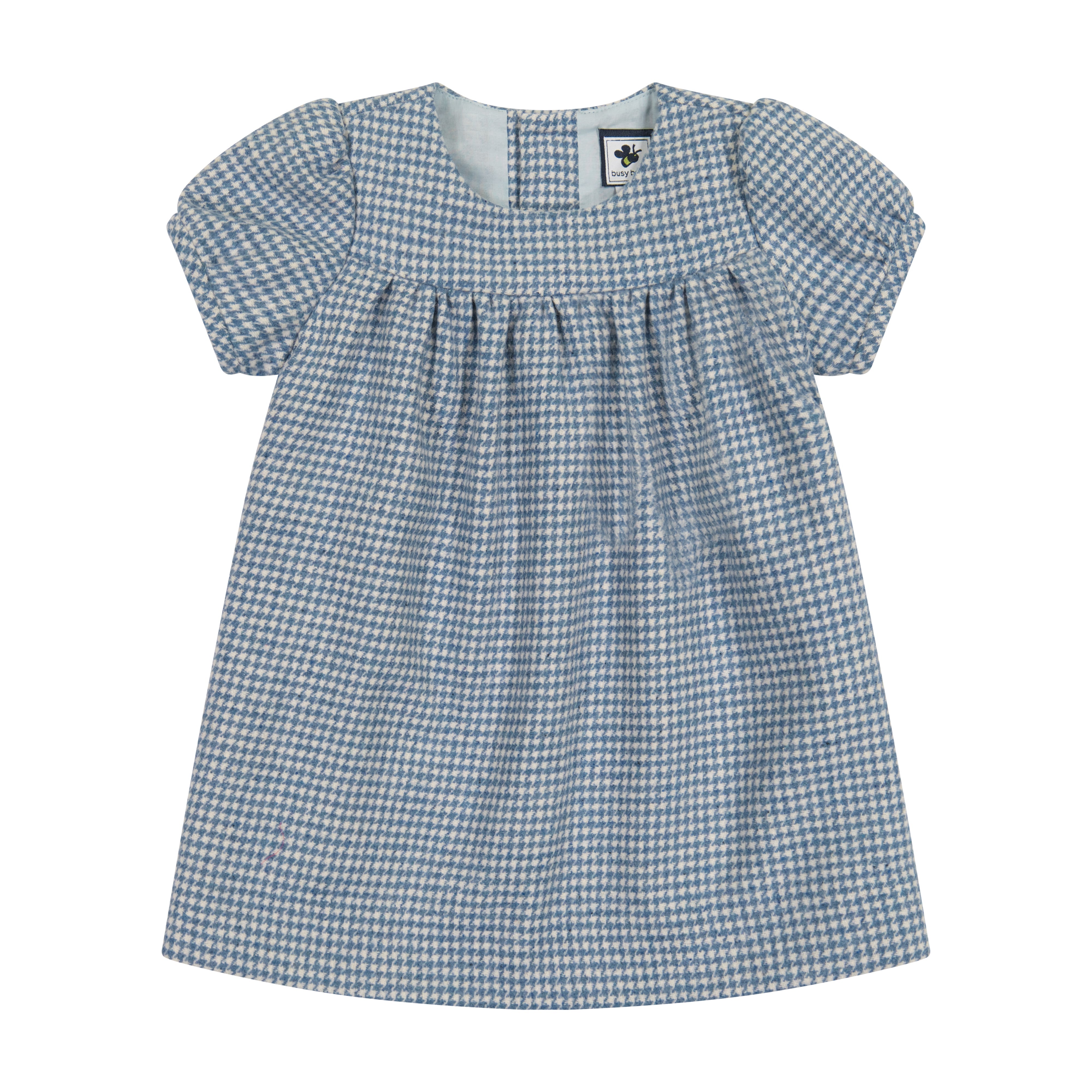 Matilda Girls Puff Sleeve Dress - Blue Houndstooth Check Pattern Party Dress for Kids, Birthday, Holiday & Special Occasions