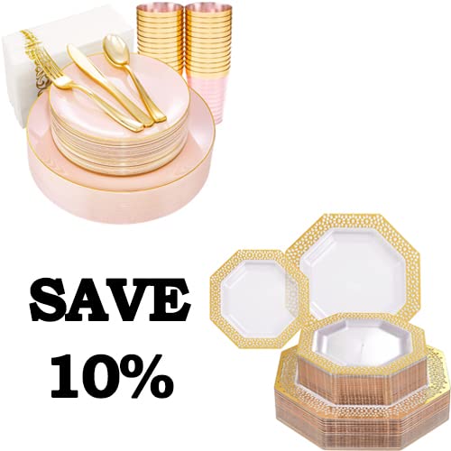 BBG 210-Piece Elegant Pink and Gold Disposable Party Tableware Set - 30 Dinner Plates, 30 Salad Plates, 90 Gold Plastic Cutlery, 30 Gold Cups, 30 Napkins - Perfect for Mother's Day Brunch, Bridal Shower, Baby Shower & Birthday Parties