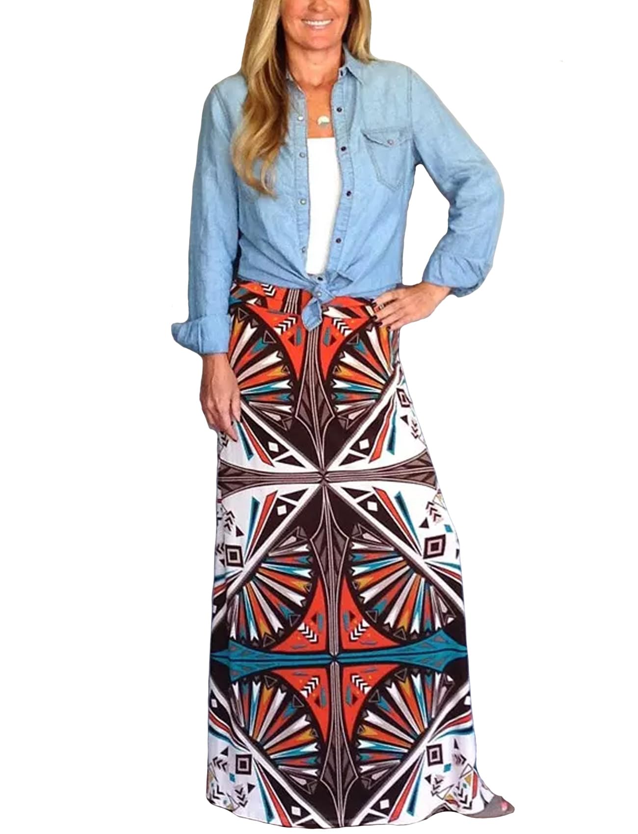 Yinggeli Women's Bohemian Print Long Maxi Skirt - Flowy Summer Beach Skirt for Women, Perfect for Vacations, Music Festivals & Boho Style Outfits