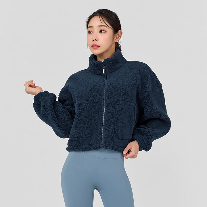Women's Sherpa Fleece Zip Up Cropped Jacket - Soft & Warm Winter Outerwear for Casual Wear & Outdoor Activities