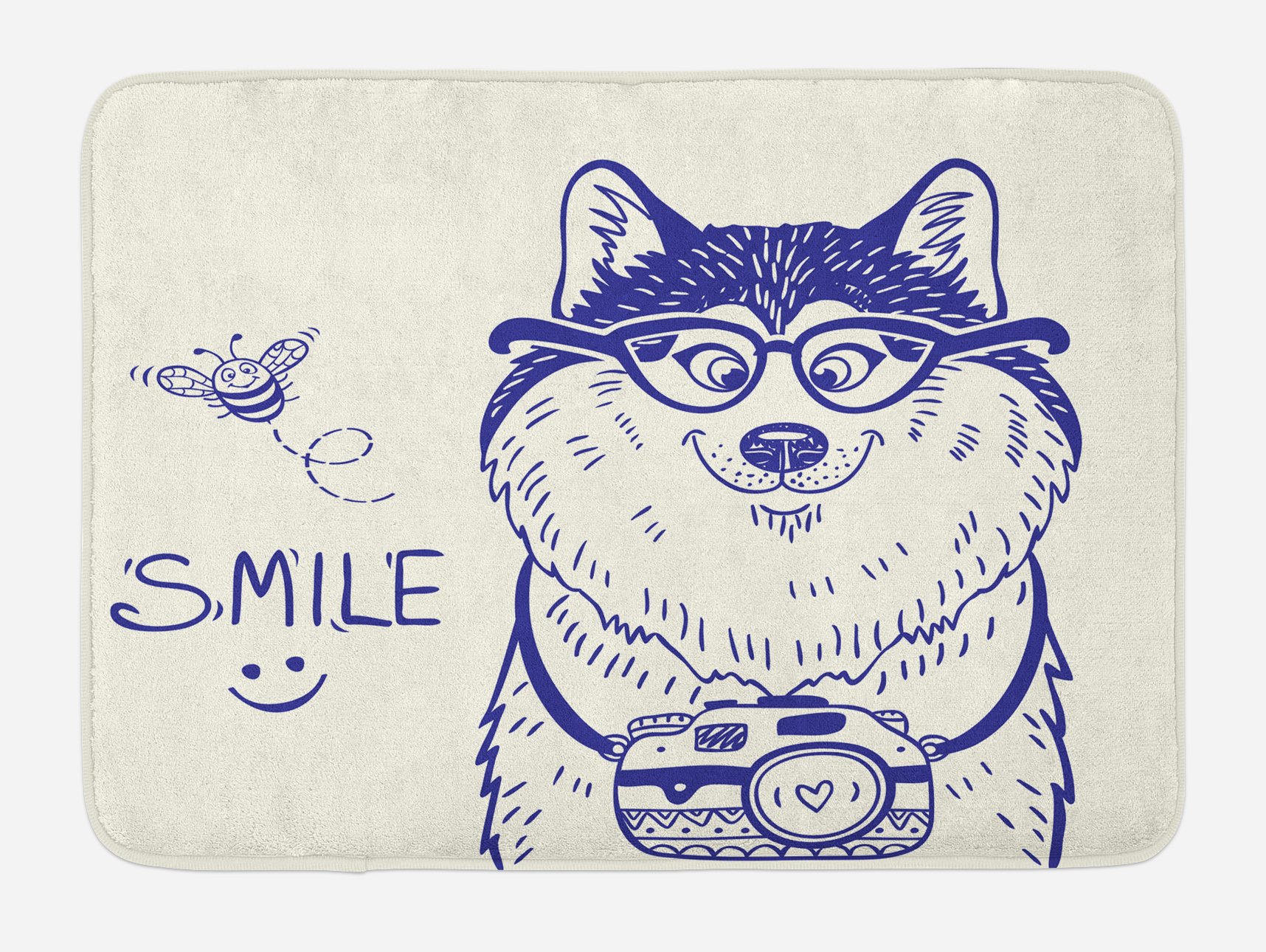 Ambesonne Alaskan Malamute Bath Mat - Cartoon Style Smart Puppy with Glasses & Camera Design, Non-Slip Plush Bathroom Rug, 30x20 Inches, Blue & White - Perfect for Bathroom Decor and Pet Lovers