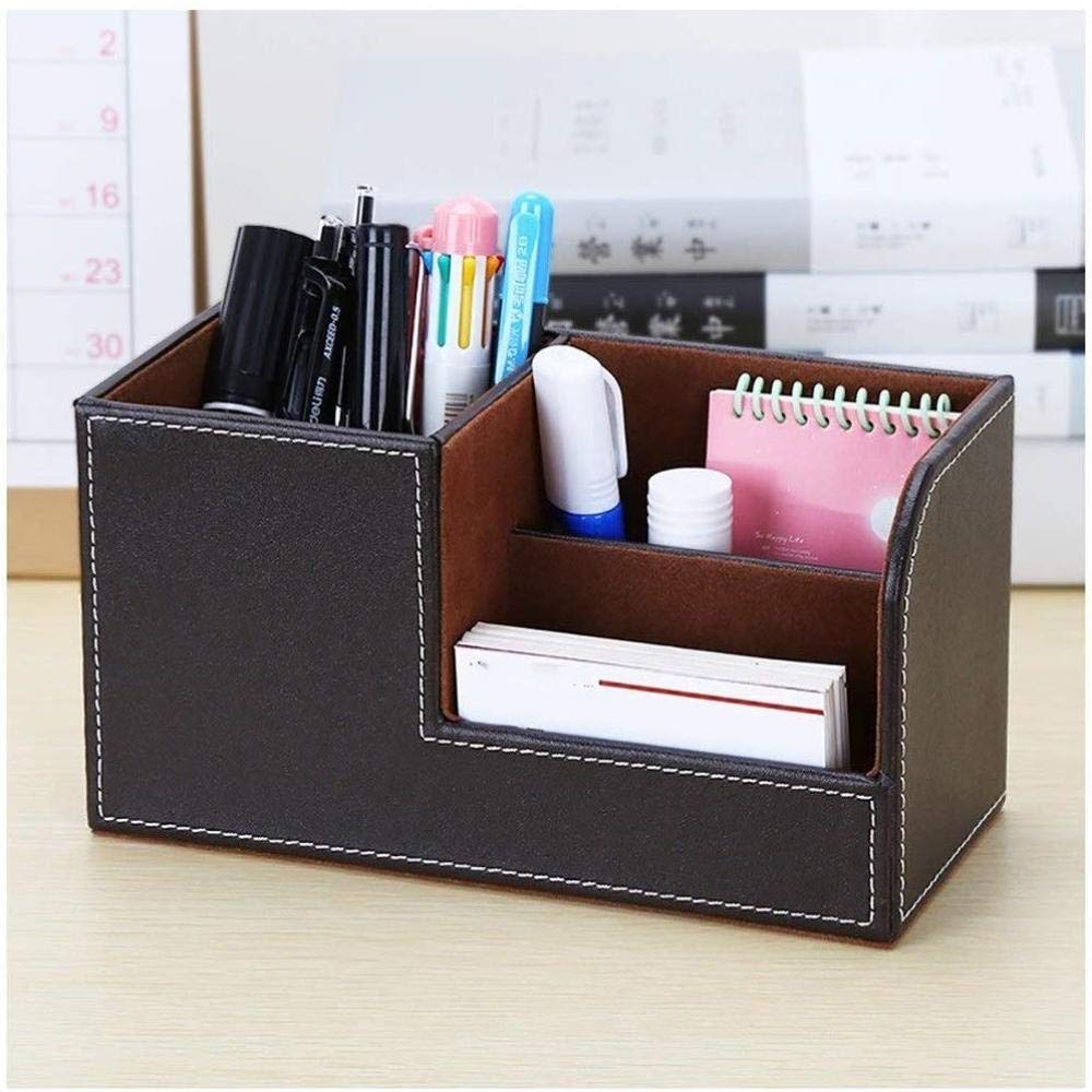 Detazhi Leather Desk Organizer - Multifunctional Pen & Pencil Holder, Office Stationery Supplies for Desk Organization (Black) - Perfect for Home Office, Study Desk & Workspace Accessories