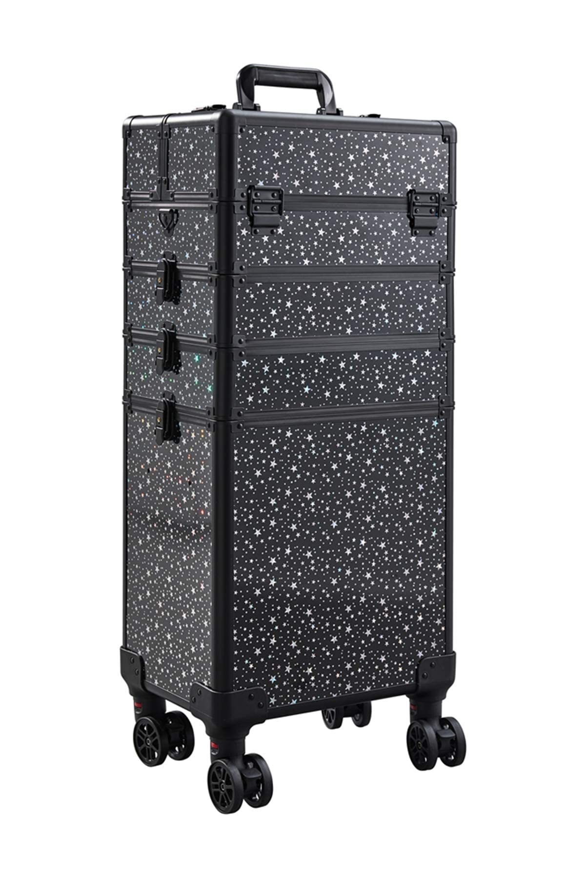Professional 5-in-1 Rolling Train Case with Nail Polish Holder & Shoulder Strap - Portable Cosmetic Organizer for Makeup Artists, Travel & Salon Use - Black Star Design Trolley Cart Trunk
