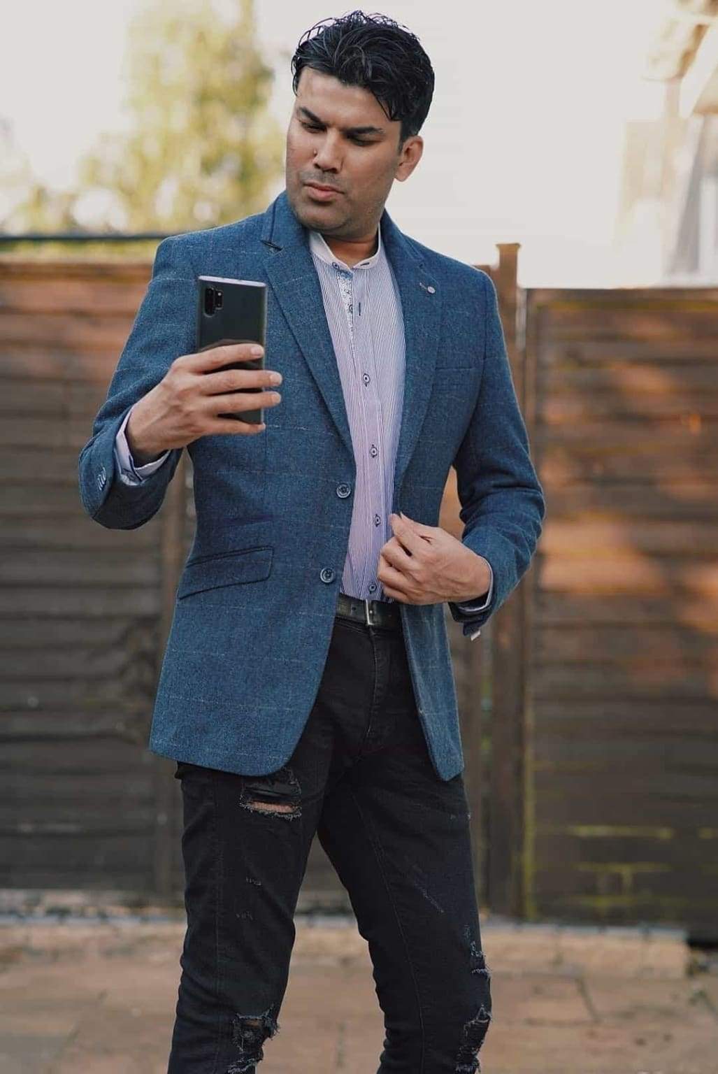 Cavani Carnegi Men's Slim Fit Blue Tweed Check Blazer Jacket for Business Meetings & Formal Events