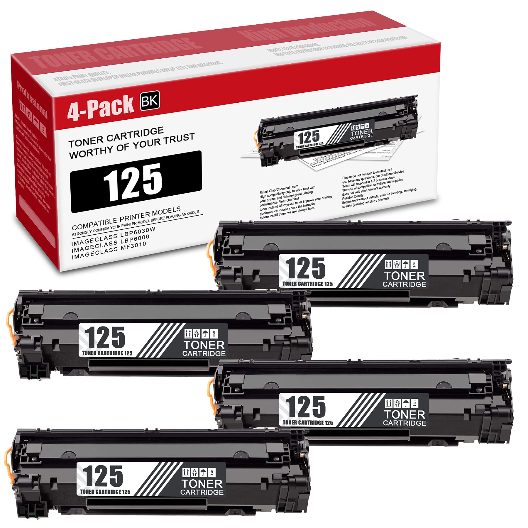 4-Pack CRG-125 Compatible Black Toner Cartridge Replacement for Canon imageCLASS LBP6030w LBP6000 MF3010 Printers - High Yield Printing for Office & Home Use