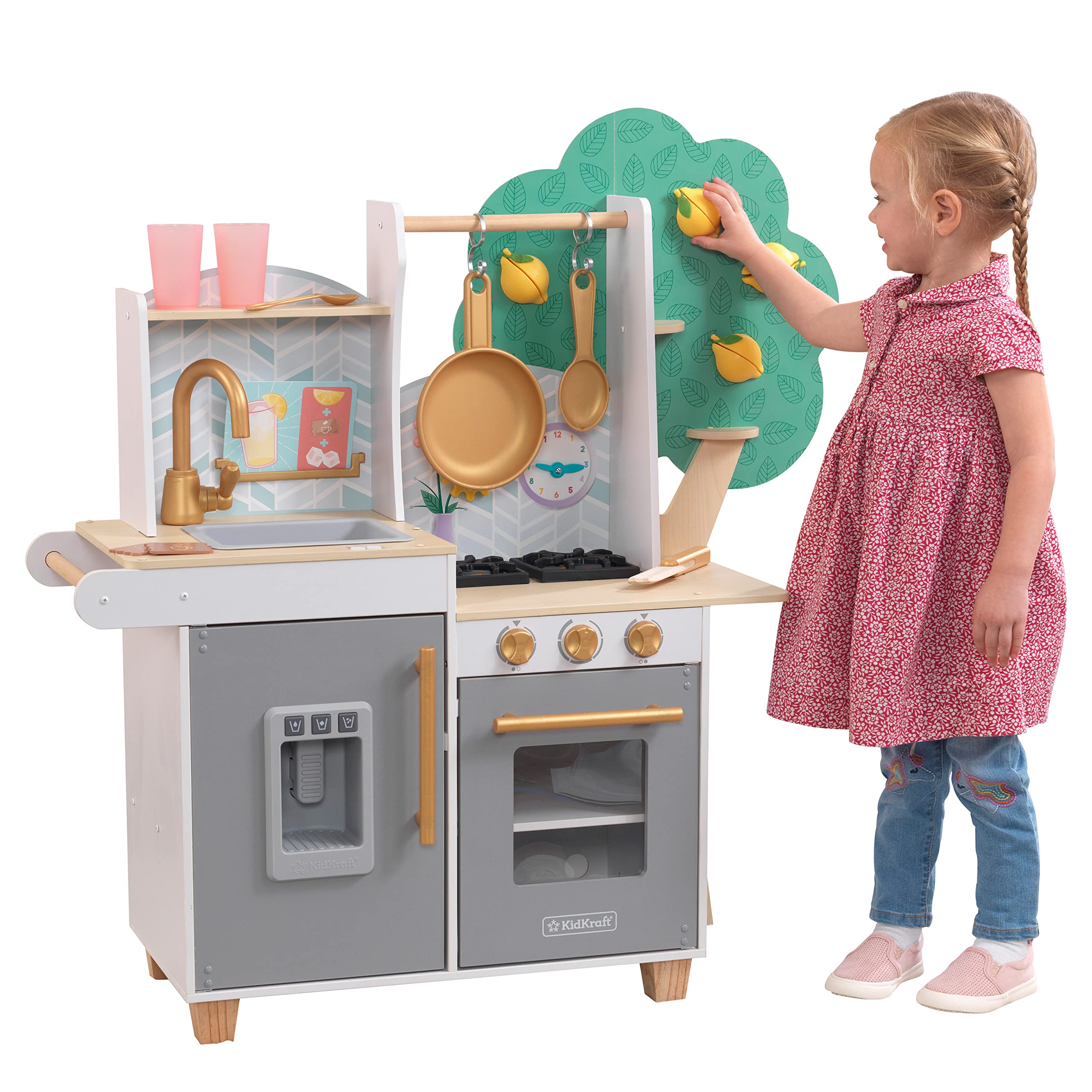KidKraft Happy Harvest Wooden Play Kitchen Set for Kids with Play Food, Accessories & Working Ice Maker - Pretend Cooking Toy for Toddlers & Preschoolers - Perfect for Imaginative Play, Role Playing & Early Learning at Home or Classroom