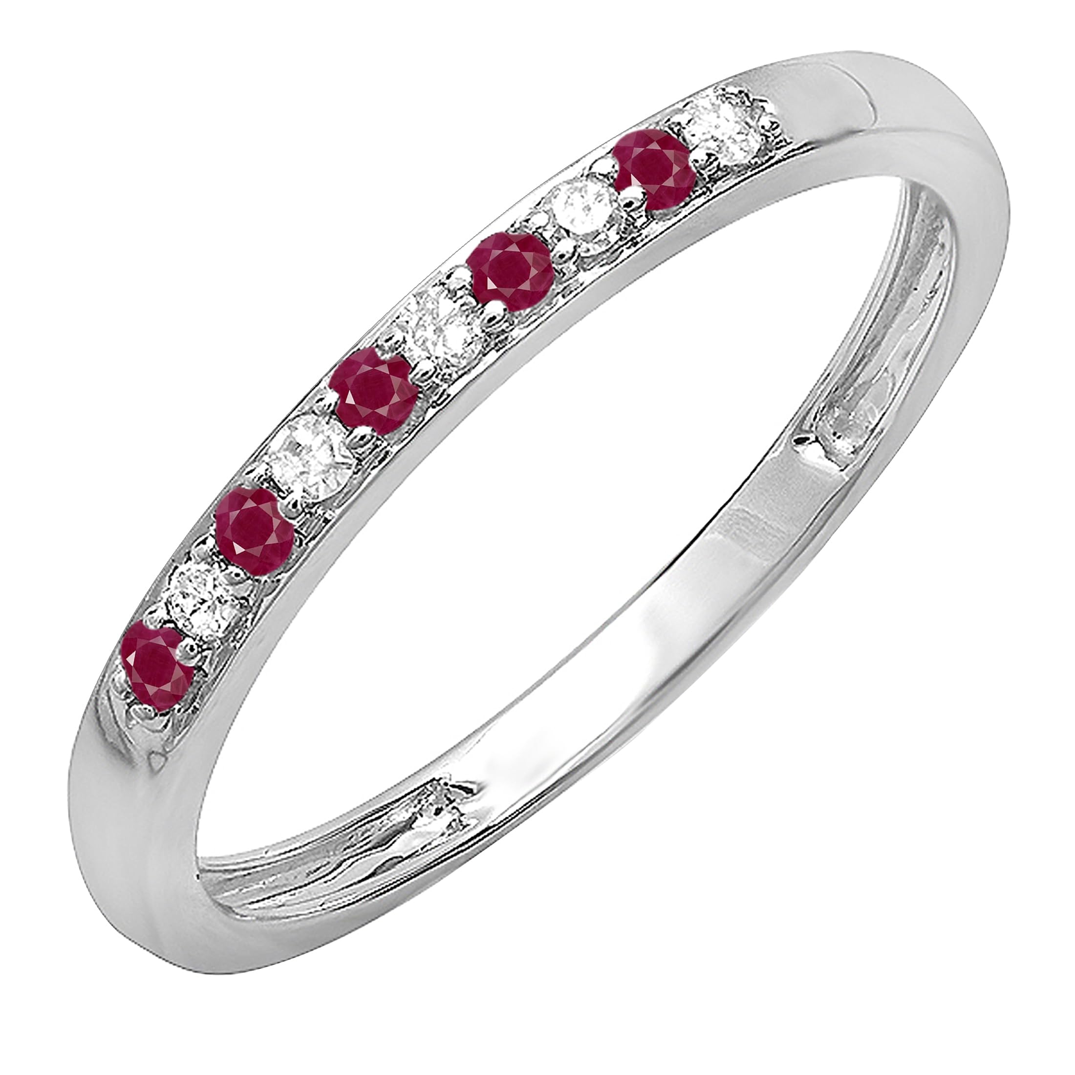 **14K Solid White Gold Ruby & White Diamond Women's Stackable Wedding Band Ring – Anniversary Gift, Size 5 – Perfect for Bridal Sets, Stacking Rings & Special Occasions**