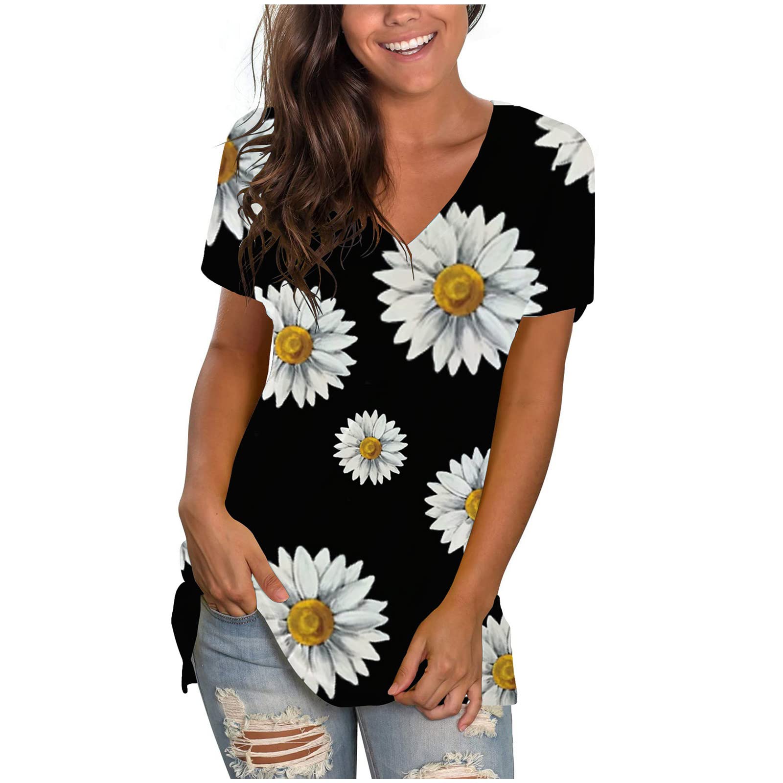 Women's Loose Fit V-Neck Short Sleeve Basic T-Shirt - Trendy Summer Casual Top for Everyday Wear, Outings & Beach Vacations